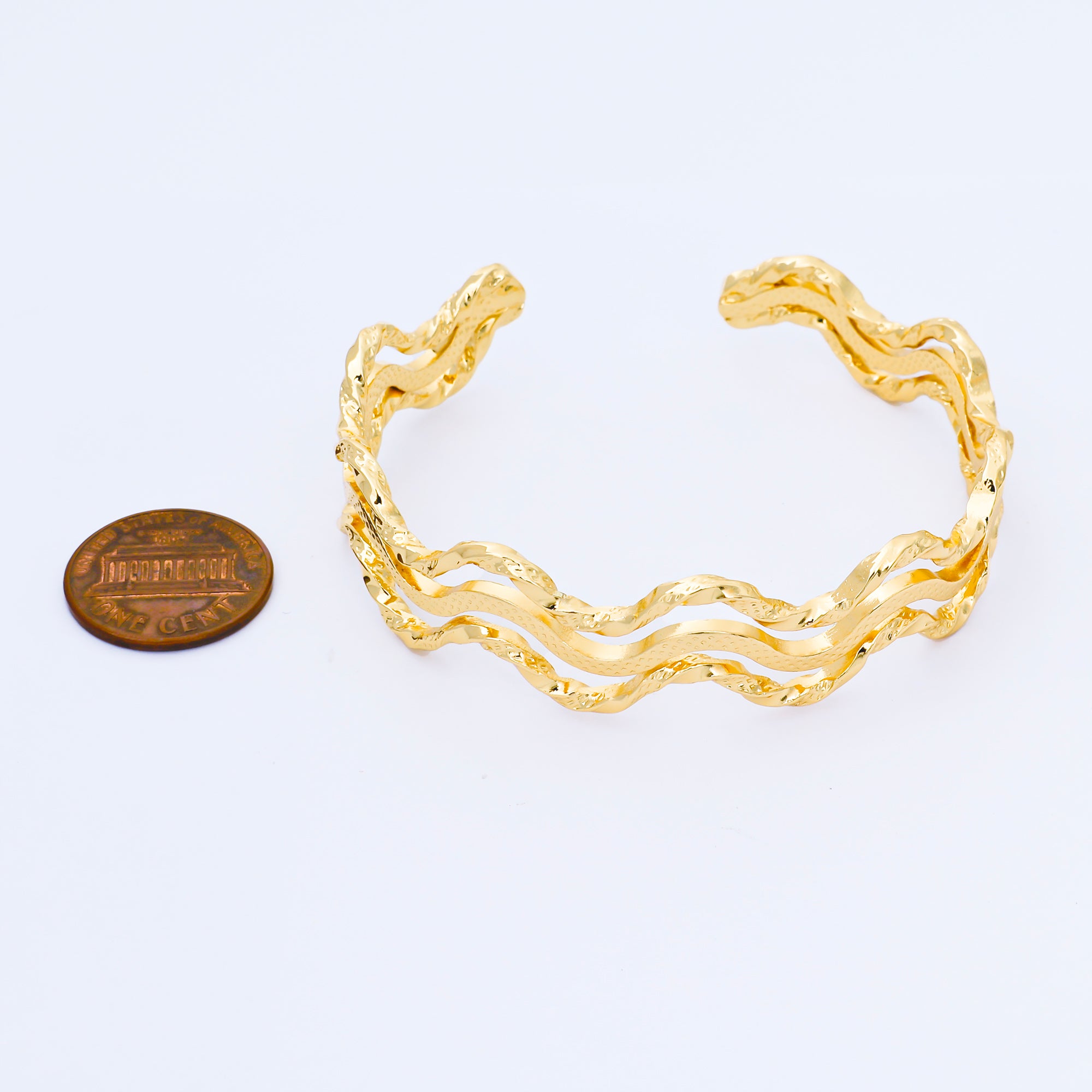 24K Gold Filled Irregular Textured Wave Triple Band Cuff Bangle Bracelet | WA-1689