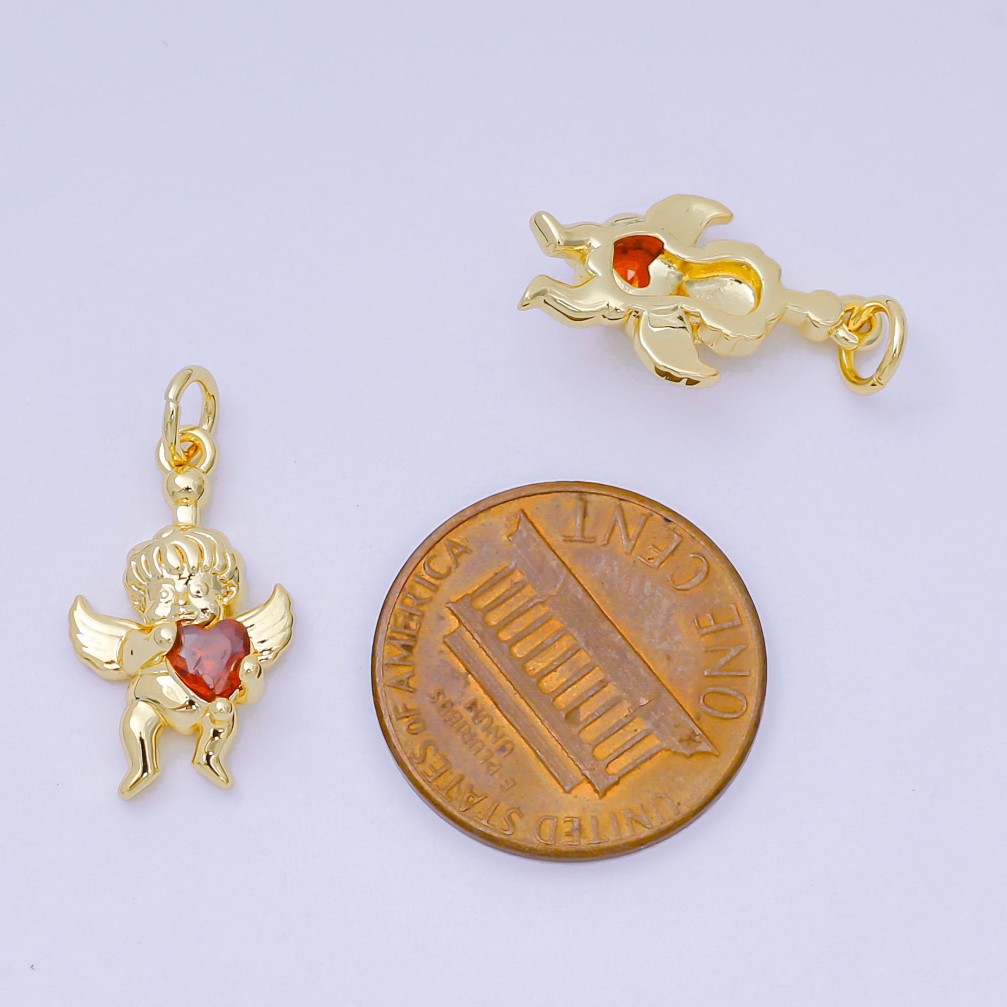 24K Gold Filled 19mm Red Heart-Shaped CZ Baby Cupid Angel with Love Charm | D-156