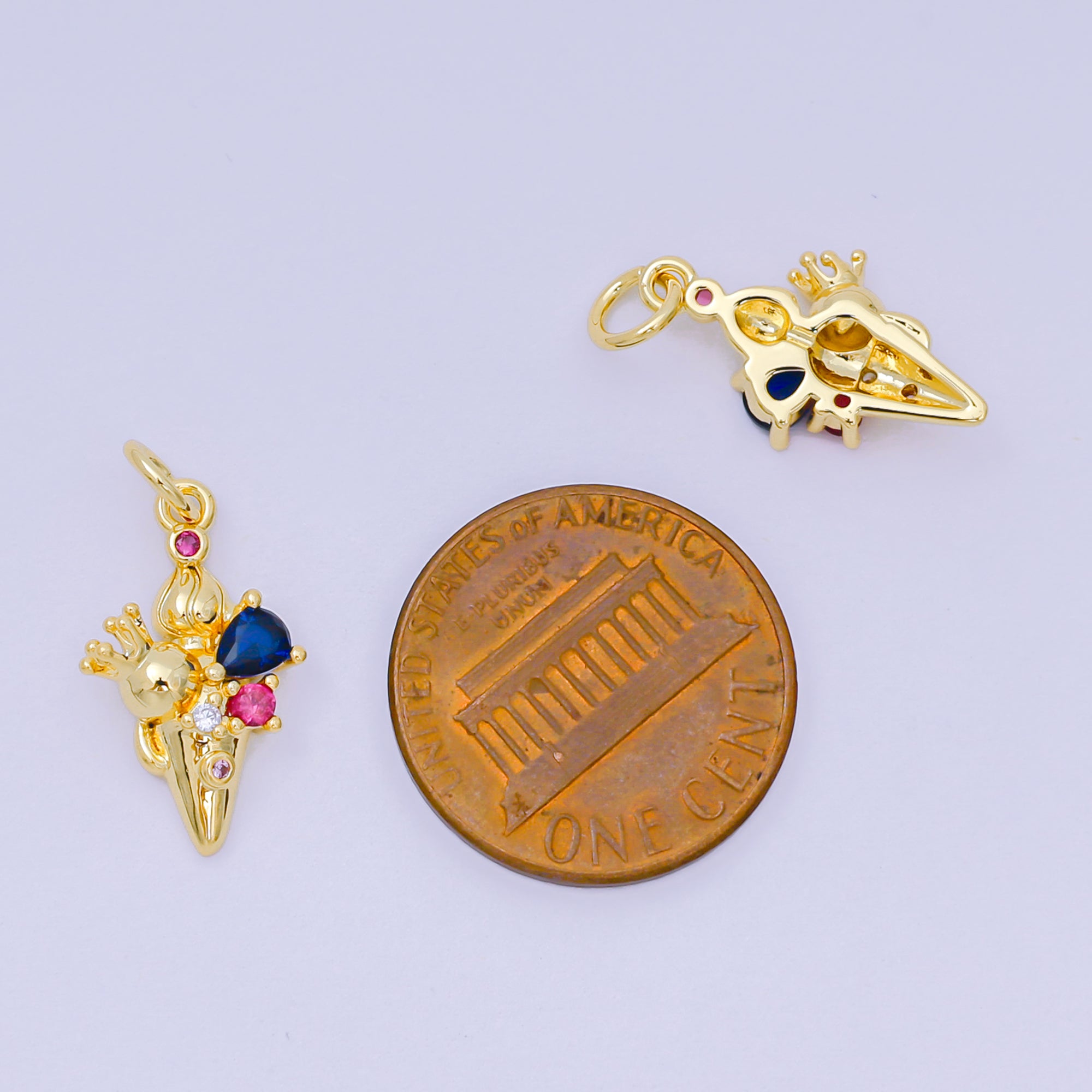 24K Gold Filled 17mm Blue & Fuchsia CZ Palace Theme Crown Ice Cream Charm | D-284