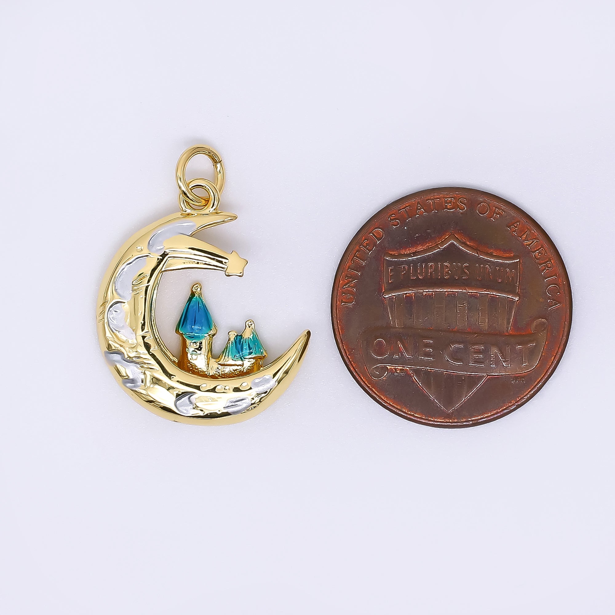 24K Gold Filled 19.5mm Enamel Art Crescent Moon Shooting Star Fantasy City Charm | AF-519