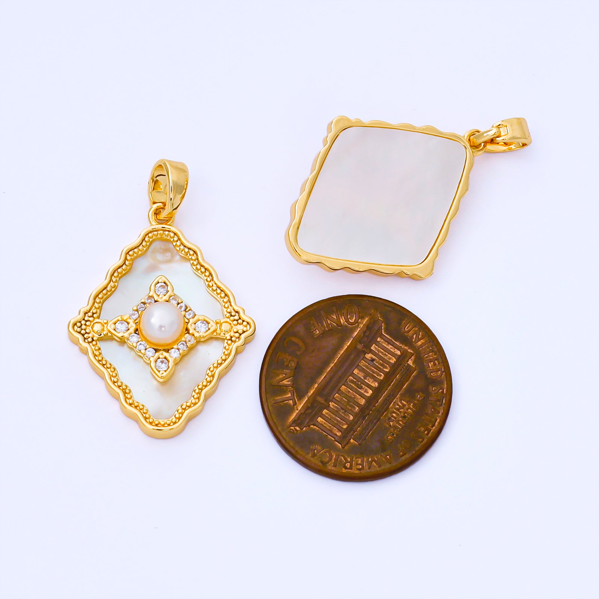24K Gold Filled 24mm Micro Paved CZ Mother of Pearl Dazzling Rhombus Pendant | AA1653