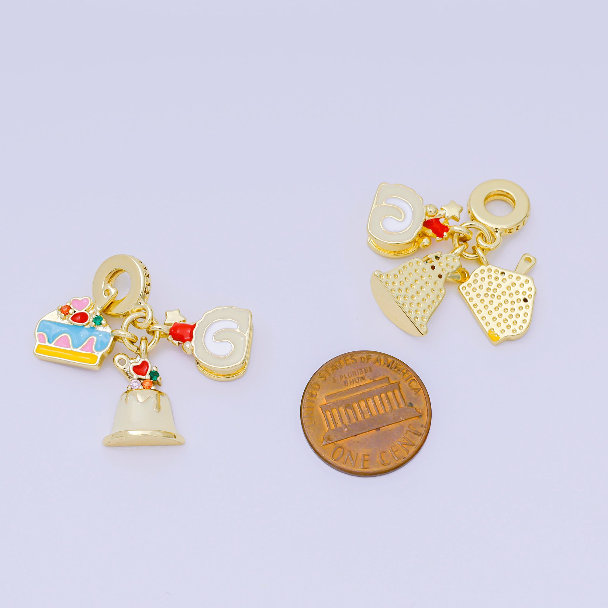 24K Gold Filled 15mm Micro Paved CZ Enamel Art Sweets Dessert Set Charm in Muffin, Cake, & Roll-Cake Rhondelle Drop Pendant | D-909