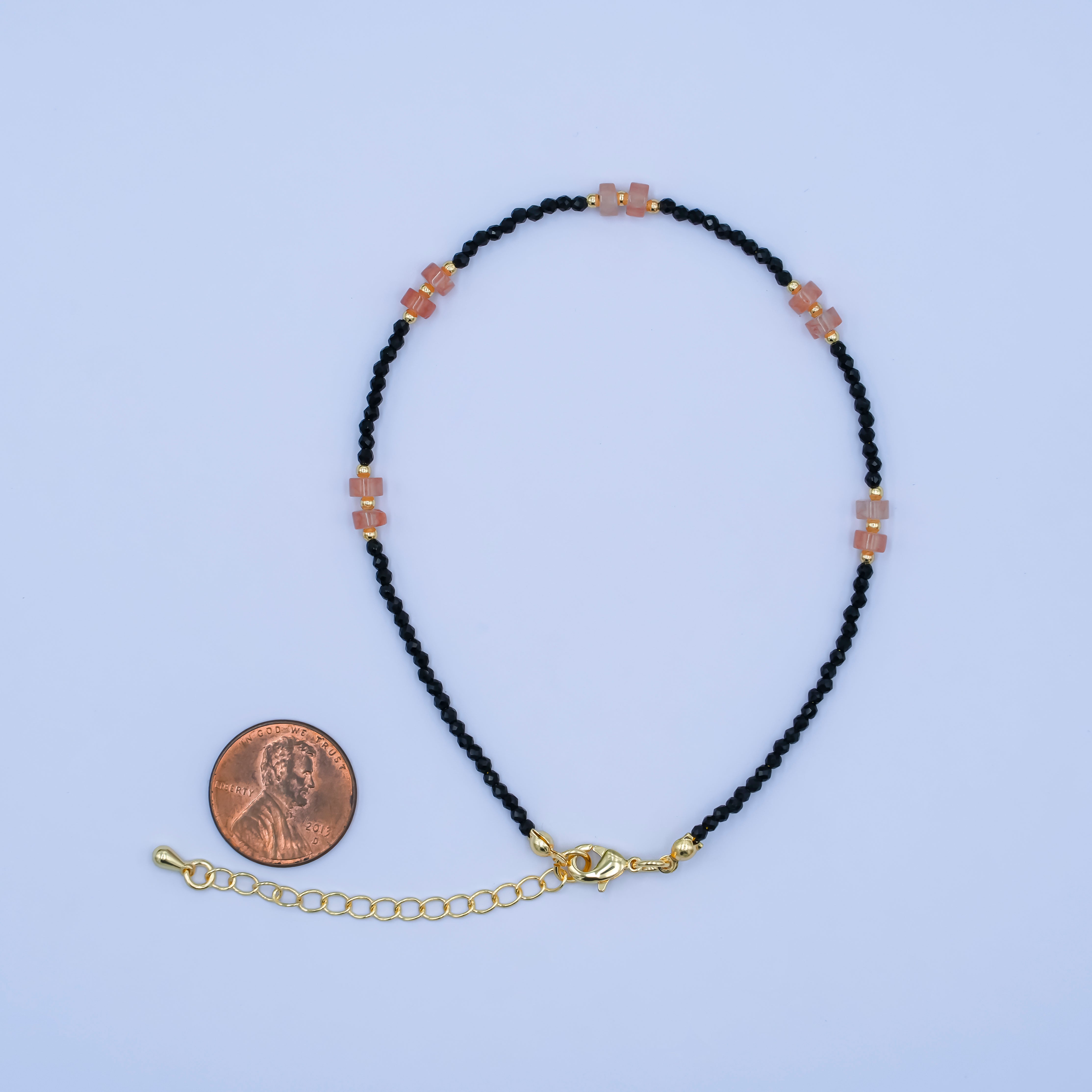 24K Gold Filled 2mm Pink Black Multifaceted Gemstone 9 Inch Anklet | WA-2949