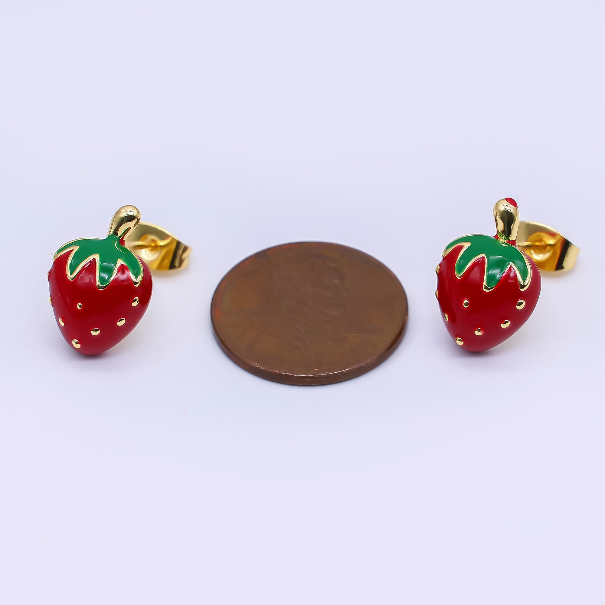 24K Gold Filled 15mm Red Enamel Strawberry Fruit Stud Earrings | AI424