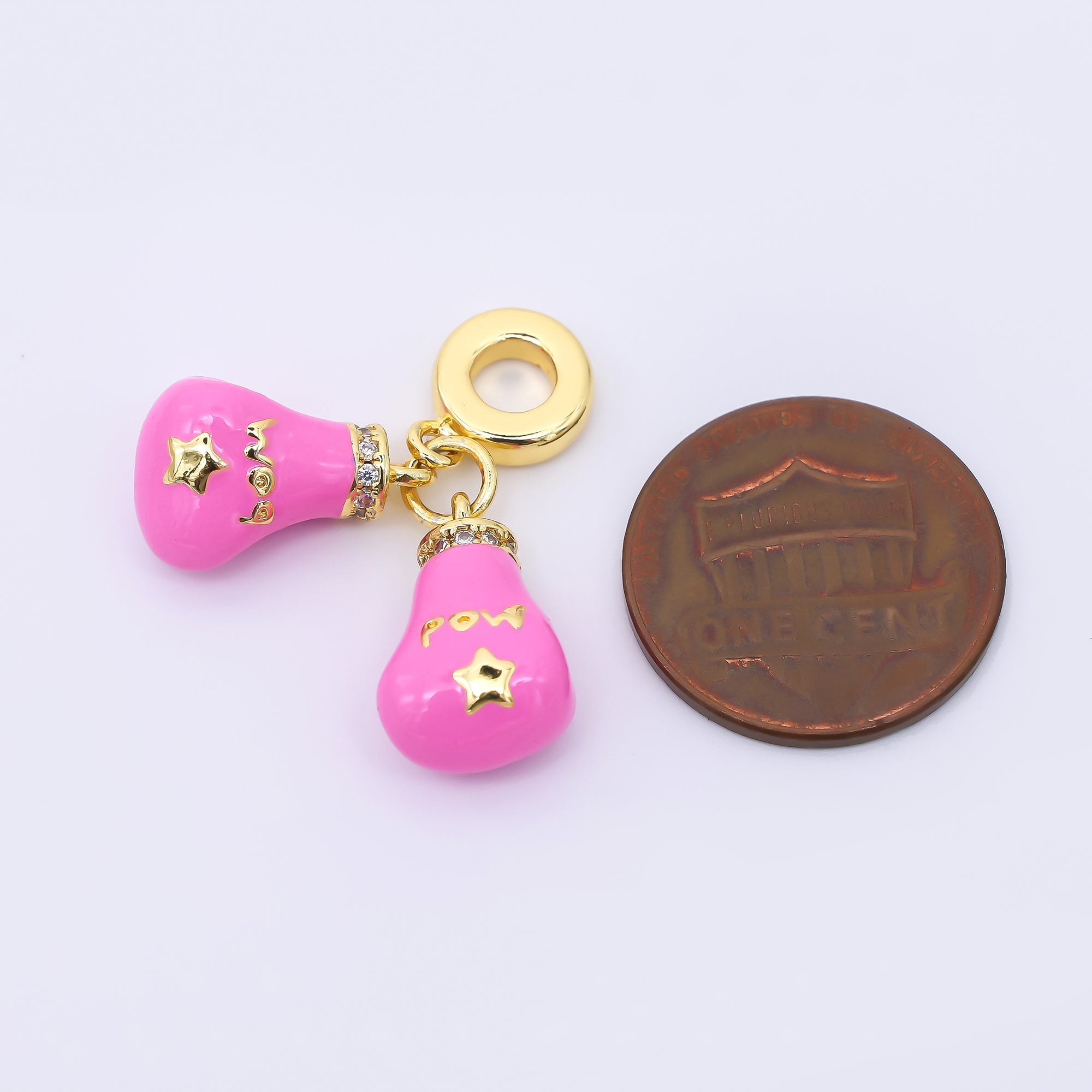 24K Gold Filled Pink Enamel Micro Paved CZ Boxing Glove Sports Drop Rondelle Charm | AC1615