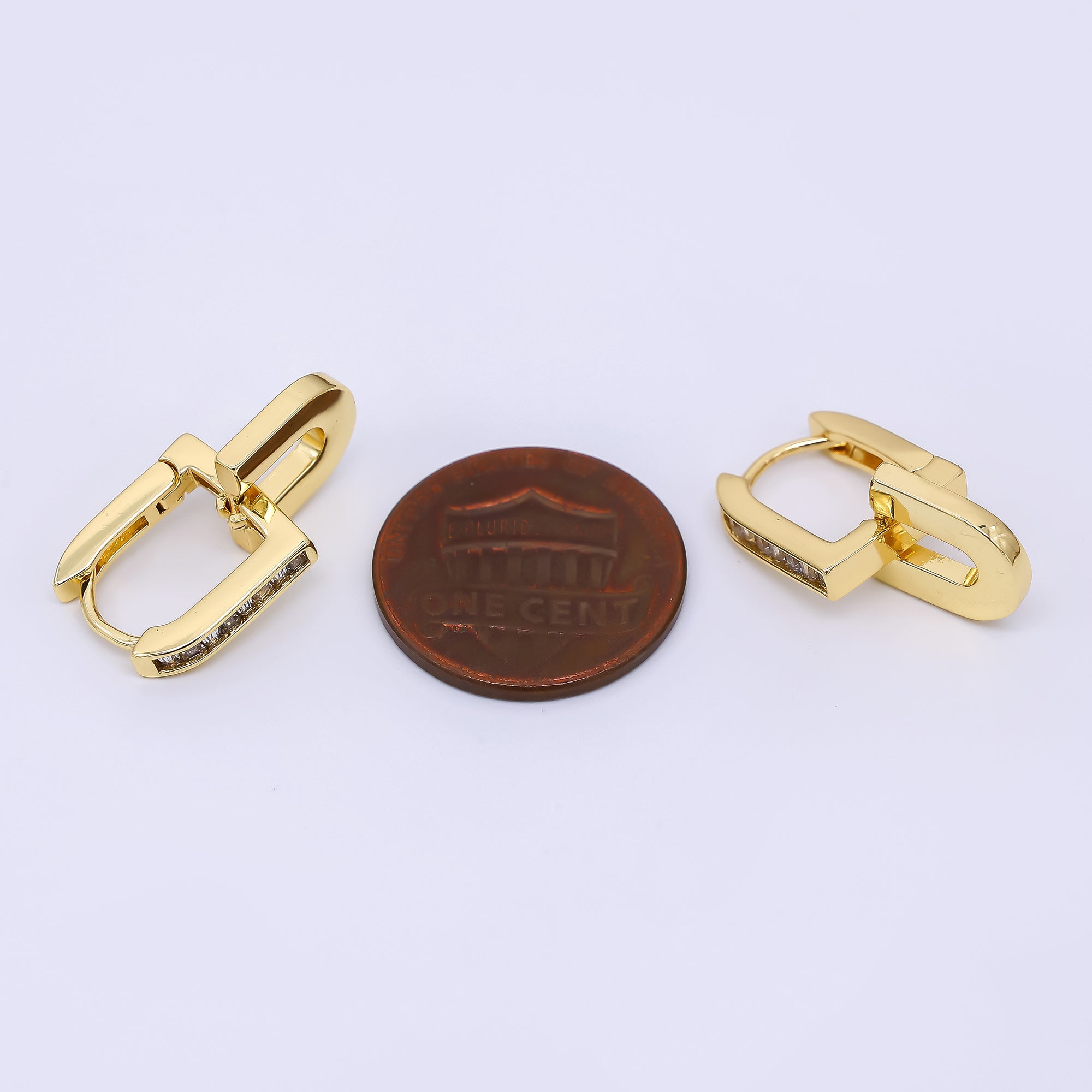 24K Gold Filled Micro Paved CZ U-Shaped Linked Lever Back Huggie Hoops Earrings | AJ-057