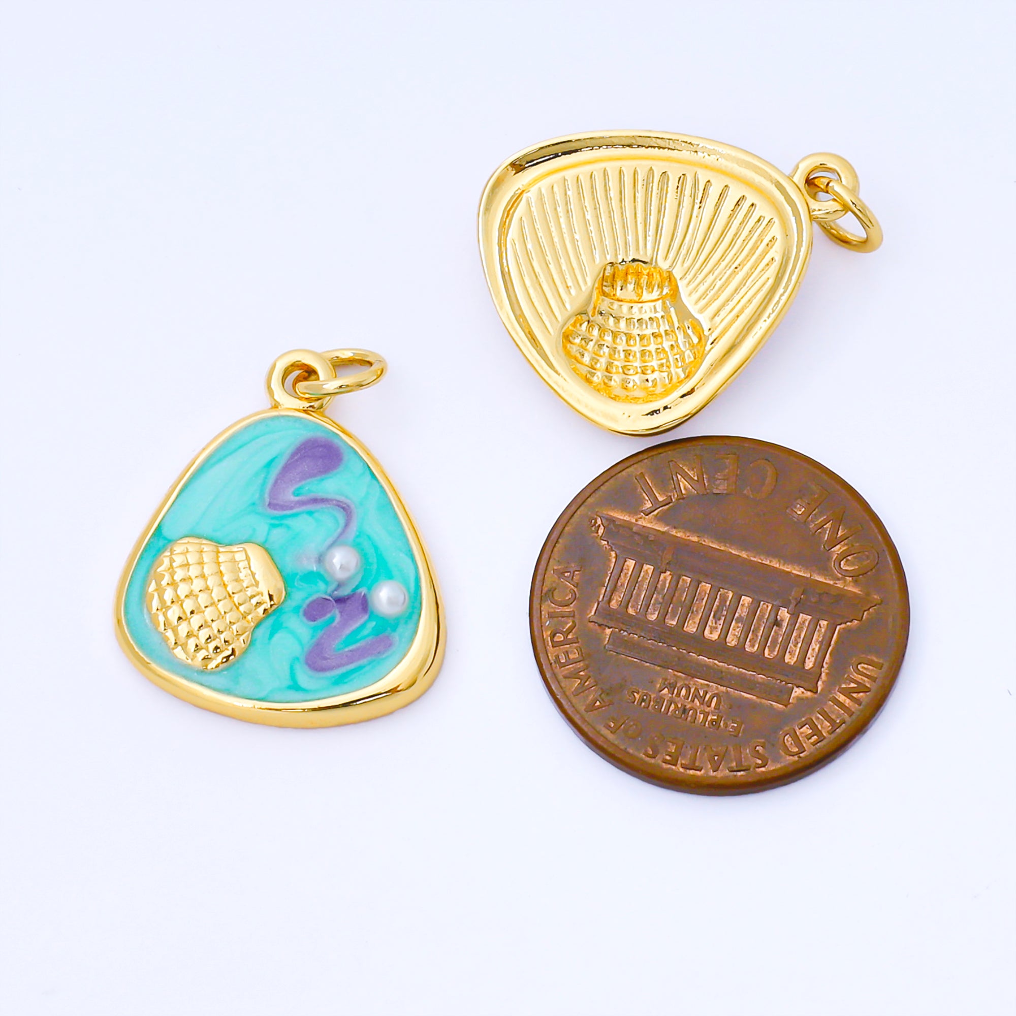 24K Gold Filled 20mm Handpainted Teal, White, Purple Enamel Clam Shell Medallion Charm | AF1544 AF1545