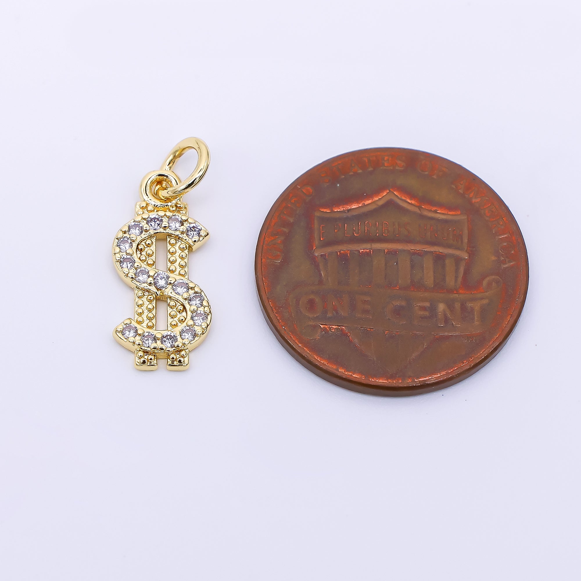 24K Gold Filled 15mm Micro Paved CZ Dollar Sign Money Charm | AJ-496