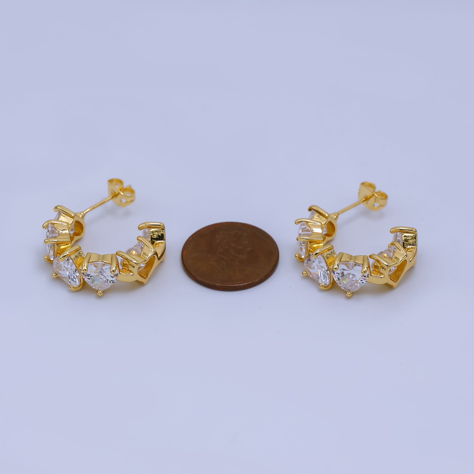 24K Gold Filled Heart-Shaped CZ Dainty C-Shaped Hoops Earrings | AJ-045