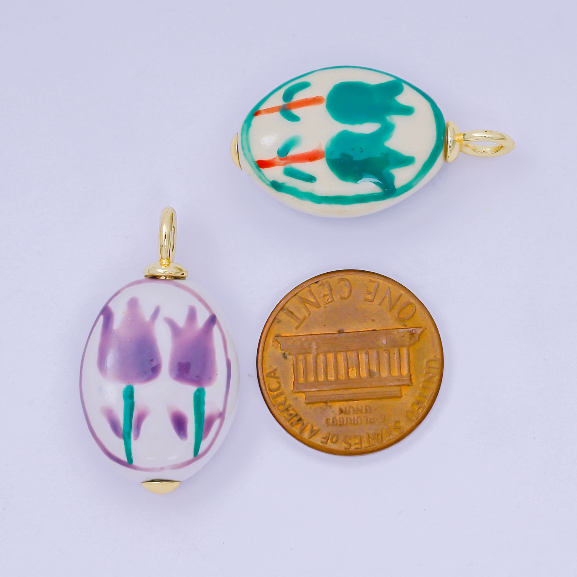 24K Gold Filled 29mm Handmade Ceramic Green, Purple Roses Vintage Charm | AF1514