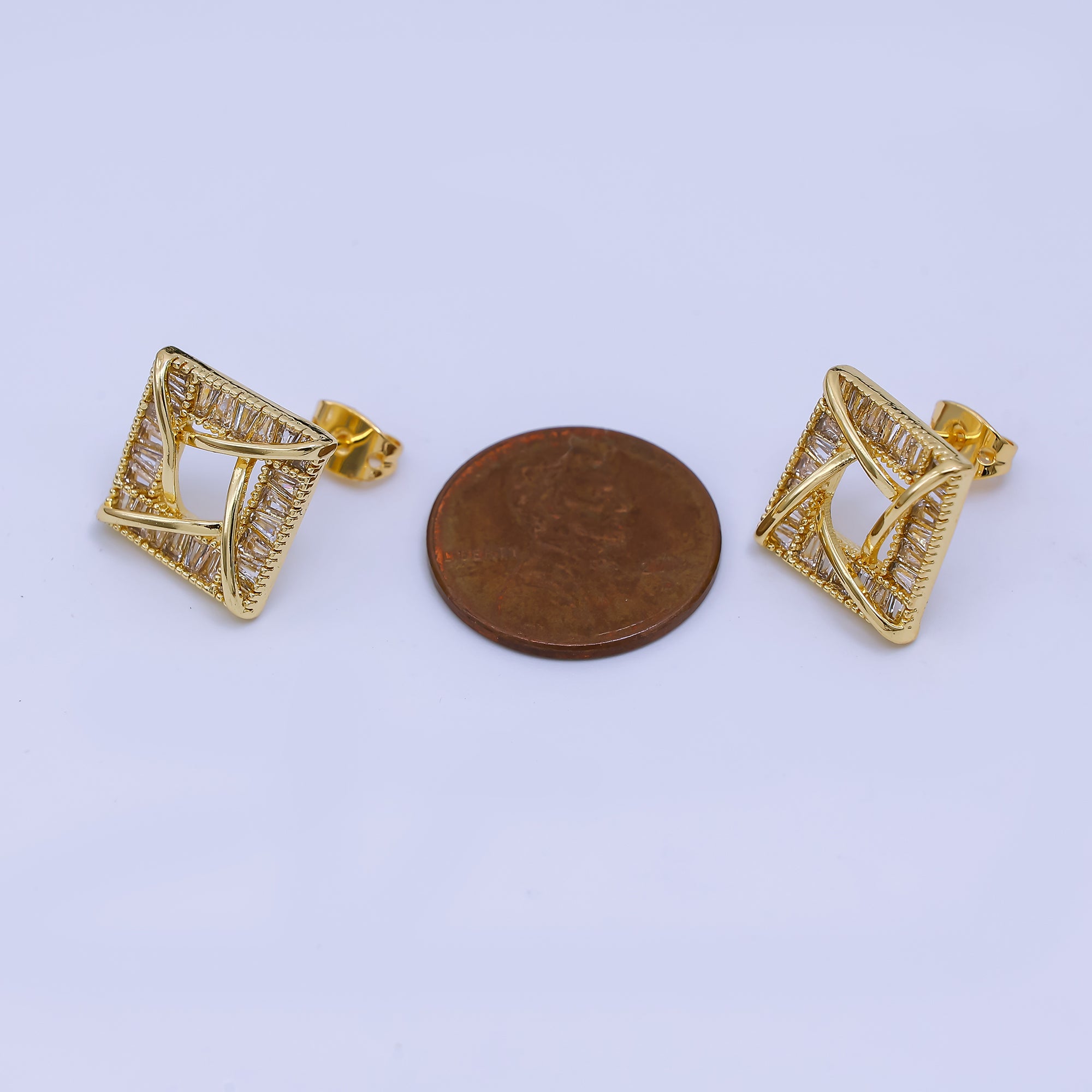 24K Gold Filled Baguette CZ Geometric Square Stud Earrings | AJ-044