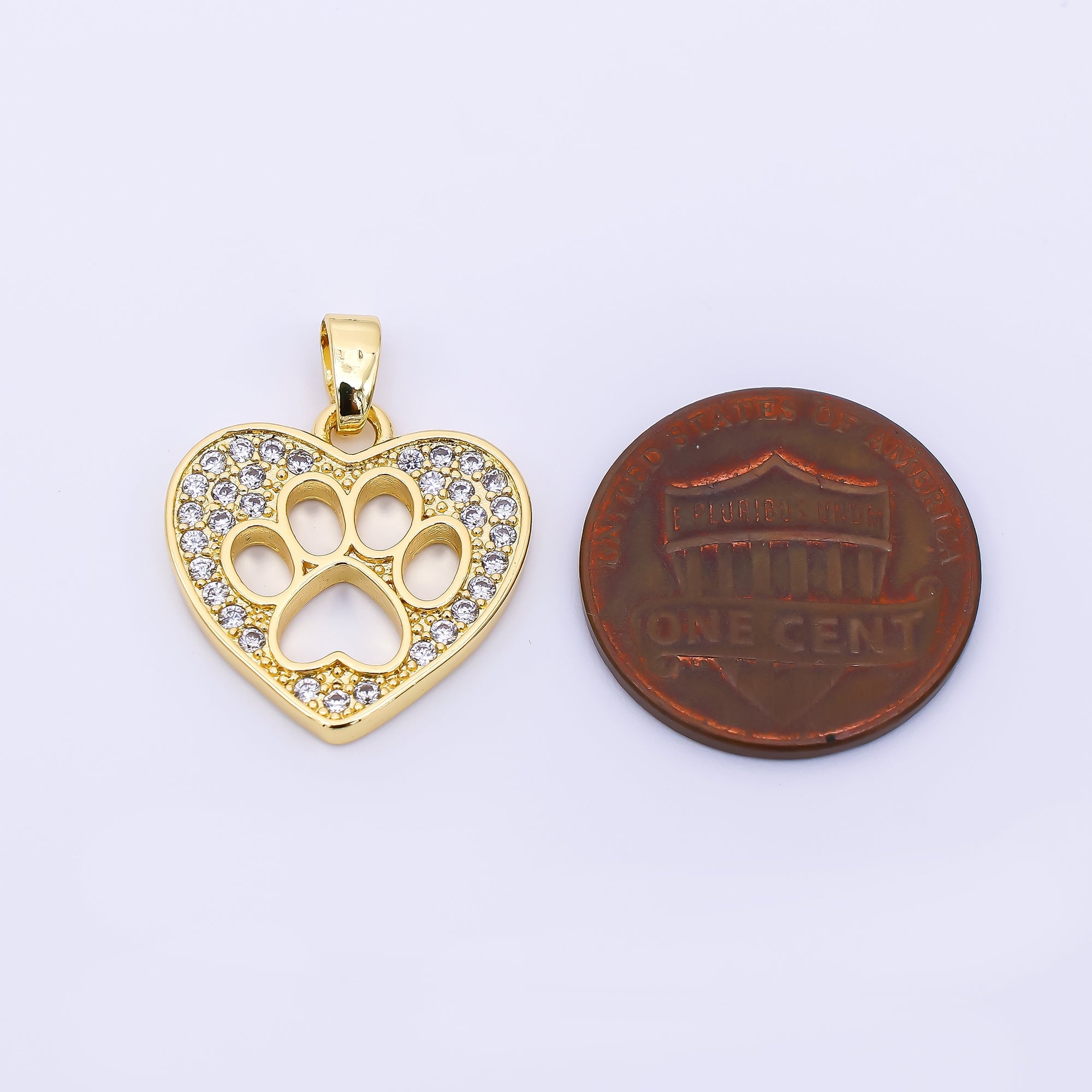 24K Gold Filled 17.5mm Micro Paved CZ Heart Dog Paw Charm Pets Pendant | AH-541