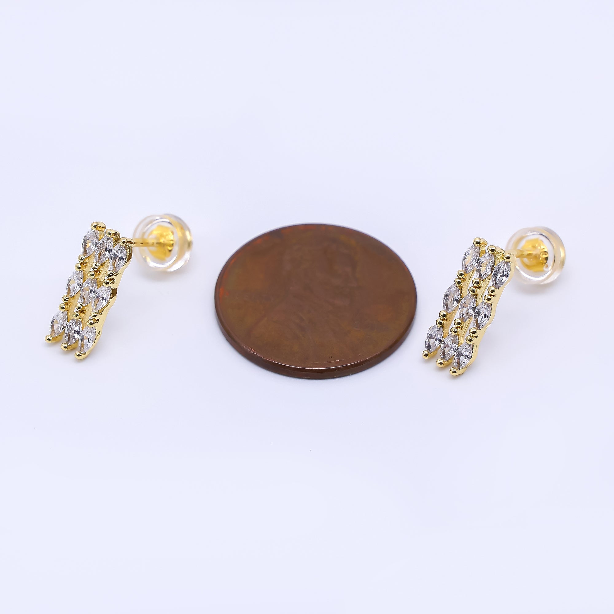 24K Gold Filled Marquise CZ Triple Row Dropped Stud Earrings | AI-452