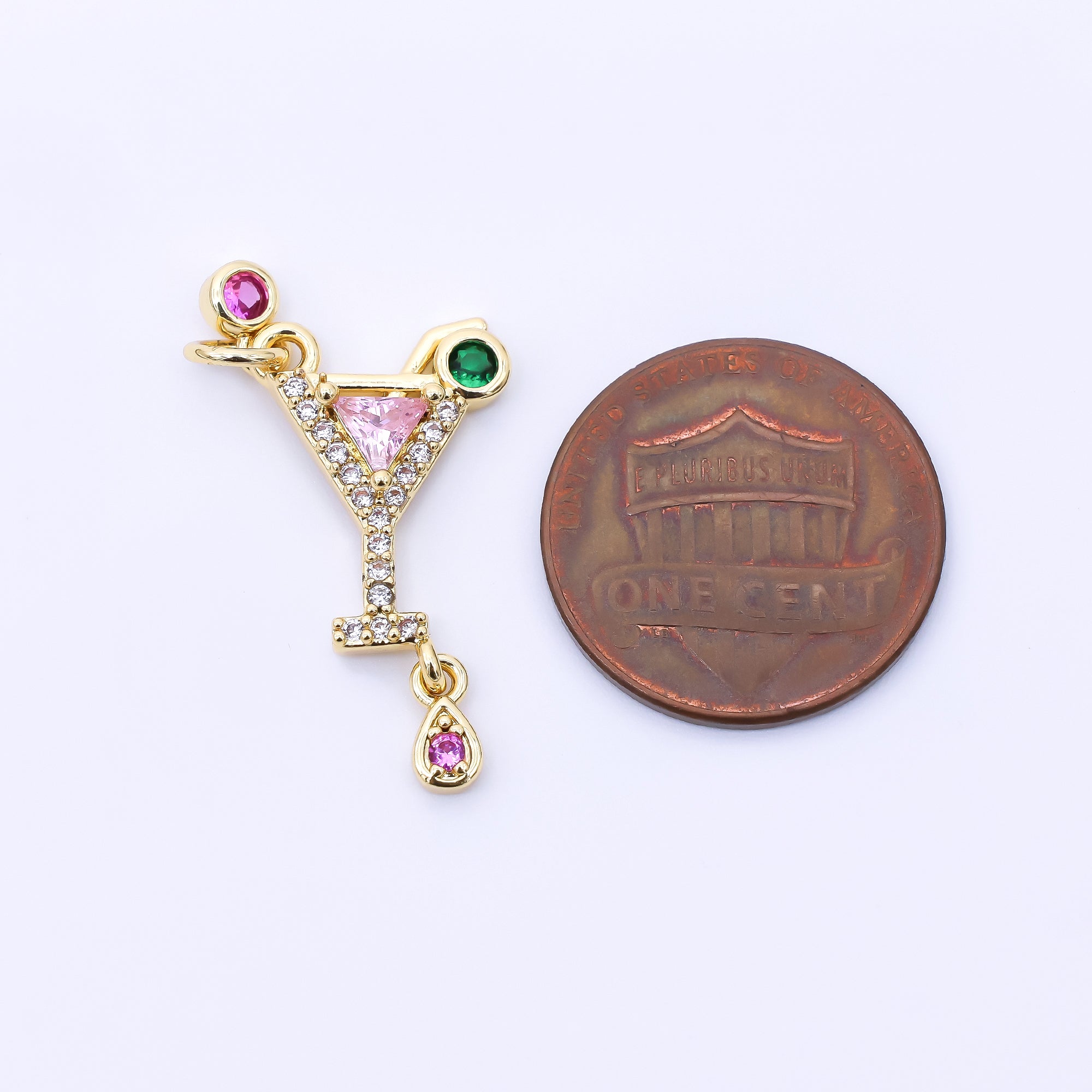 24K Gold Filled 18.5mm Pink, Green, & Fuchsia CZ Cocktail Drink Charm | AC1605
