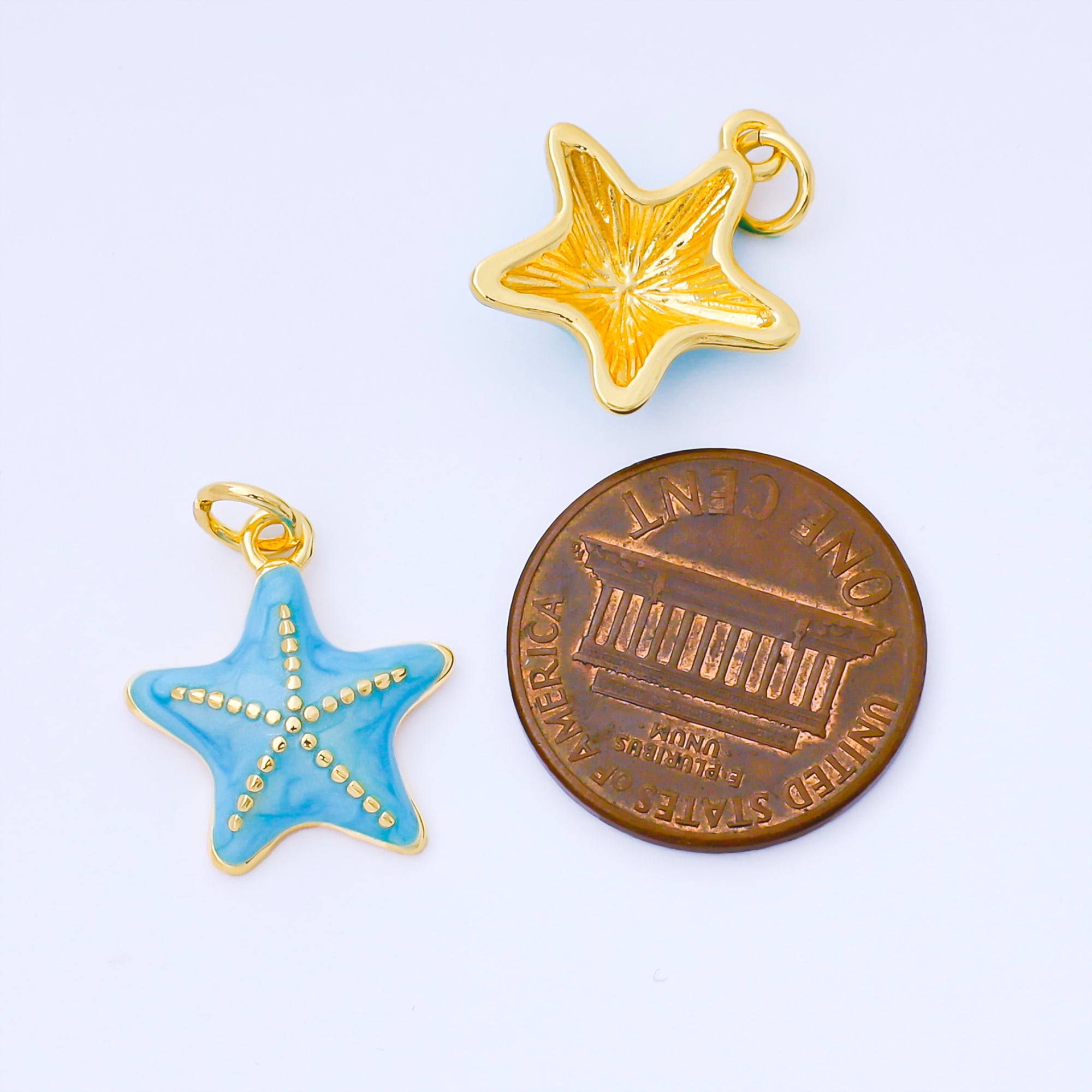 24K Gold Filled 17mm Handpainted Teal, White, Blue Enamel Under the Sea Starfish Animals Charm | AF1542 AF1543