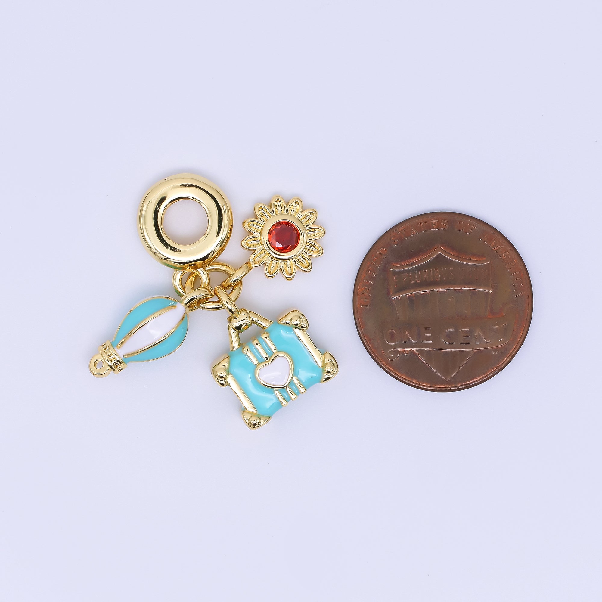24K Gold Filled 15mm Hot Air Balloon, Lifesaver, & Sunflower Summer Holidays Set Rondelle Drop Charm | AC1637