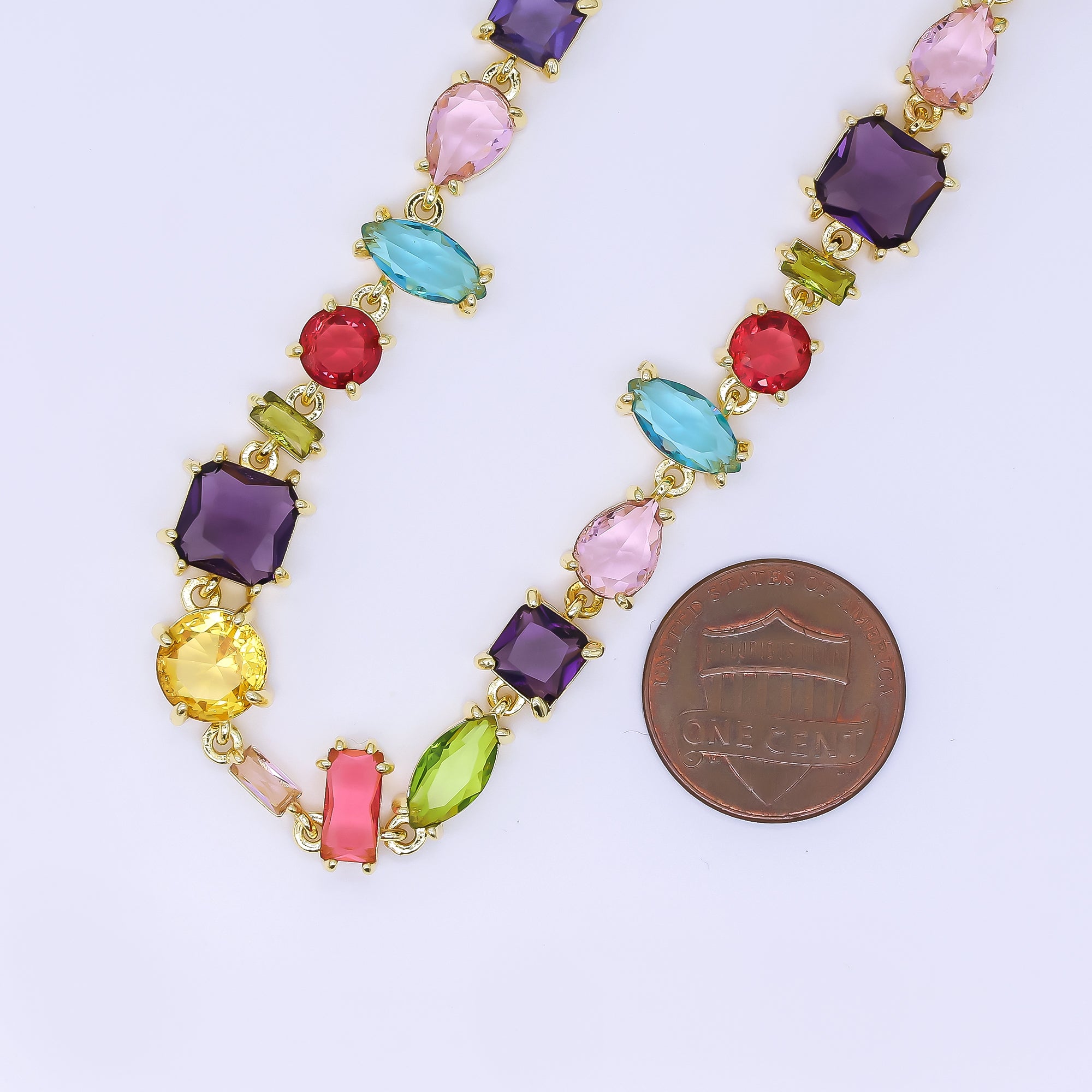 24K Gold Filled 2.6mm Solid Multicolor Mixed-Cut CZ Geometrical Bead Chain 16 Inch Necklace with Extender | WA-1286