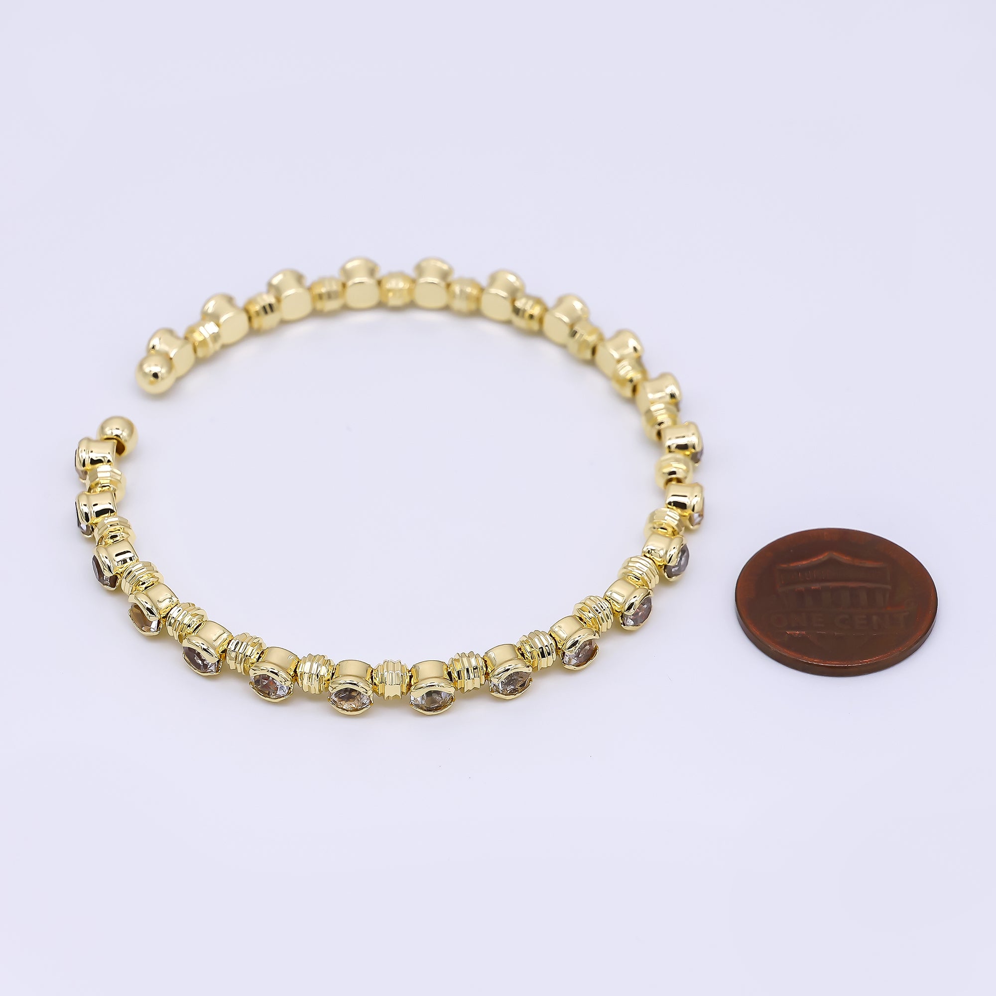 24K Gold Filled Clear Round CZ Bezle-Set Open Bangle Cuff Bracelet | WA-3327