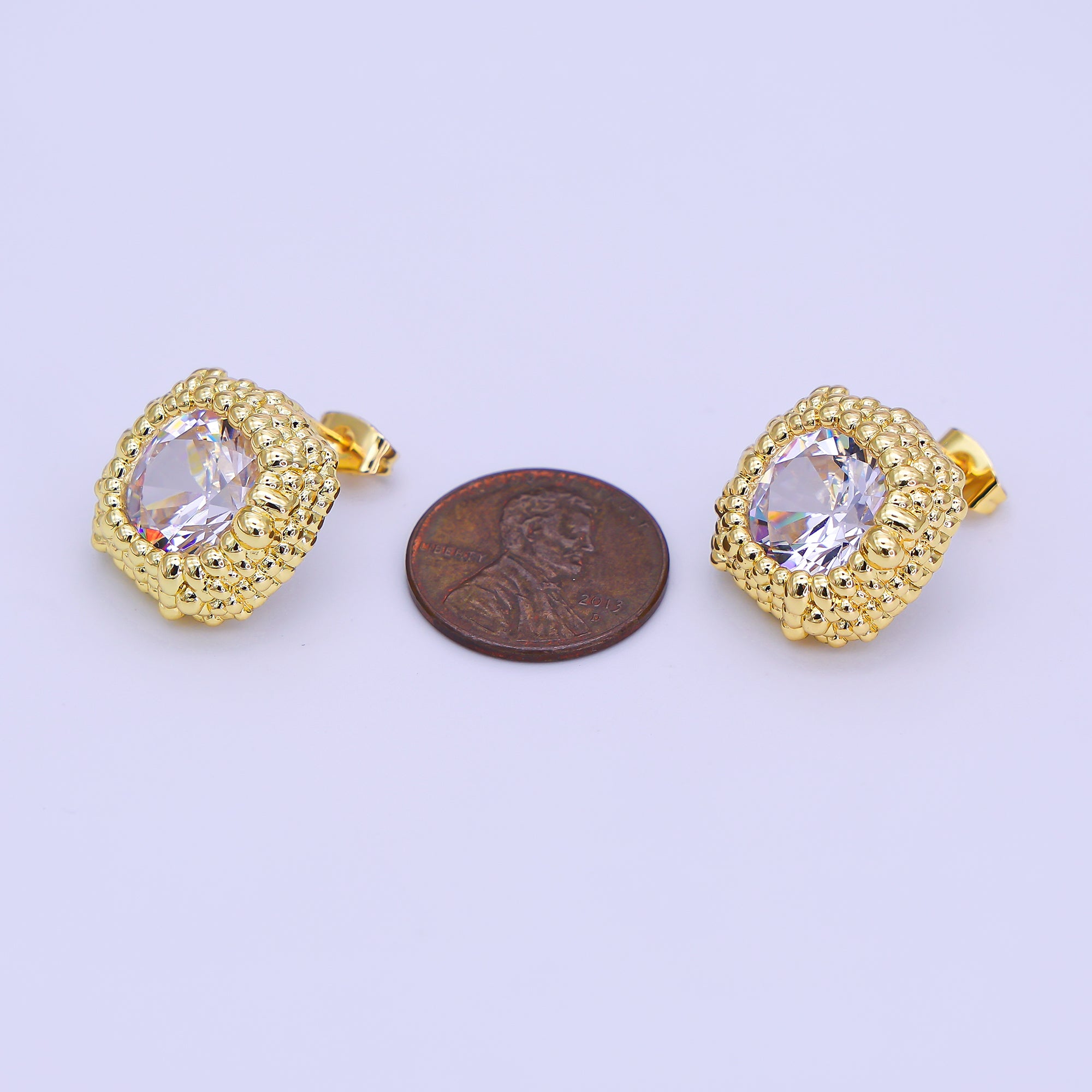 24K Gold Filled Clear CZ Bubble Dotted Bezel Square Stud Earrings | AI480