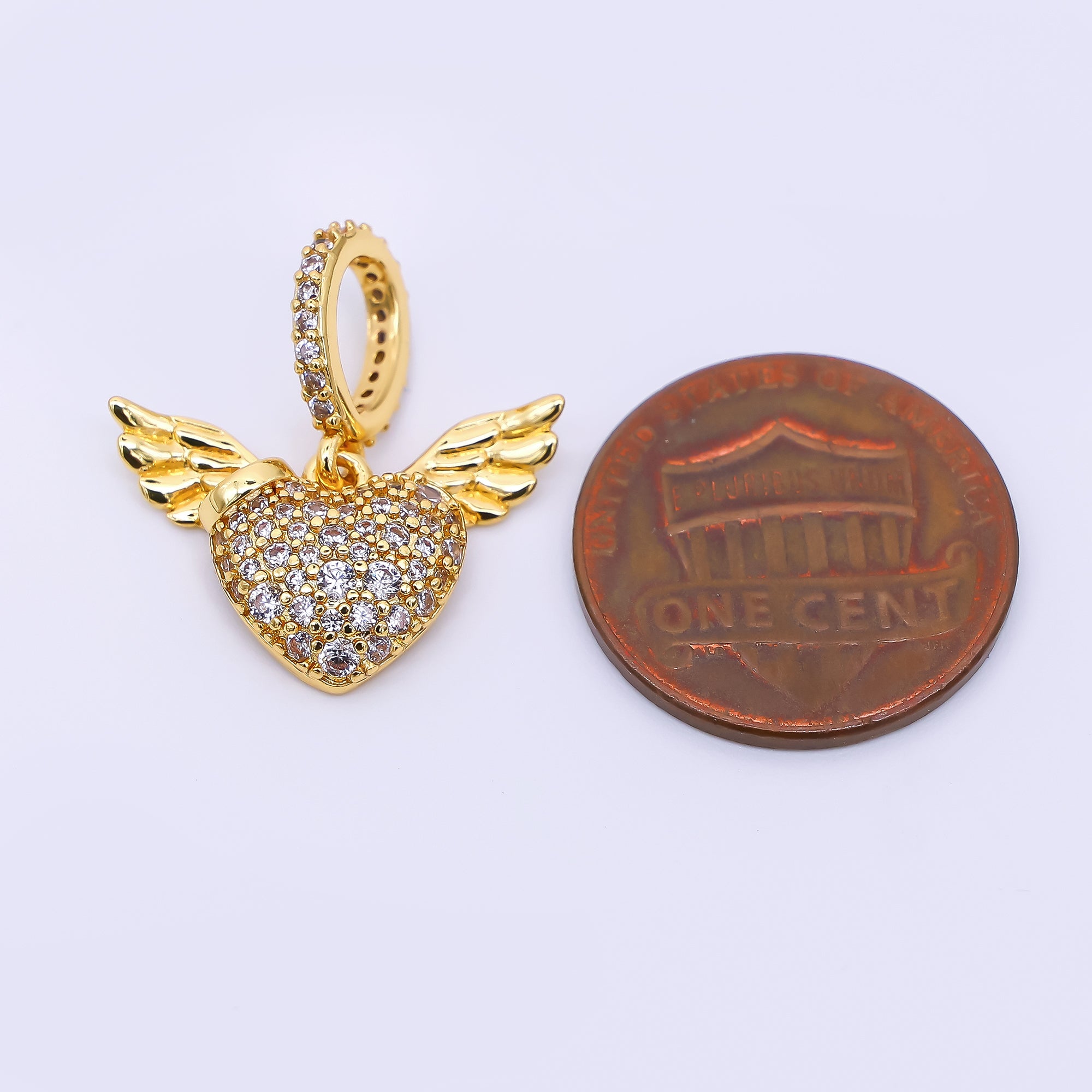 24K Gold Filled 15mm Micro Paved CZ Heart & Wings Angel Charm | AH-460