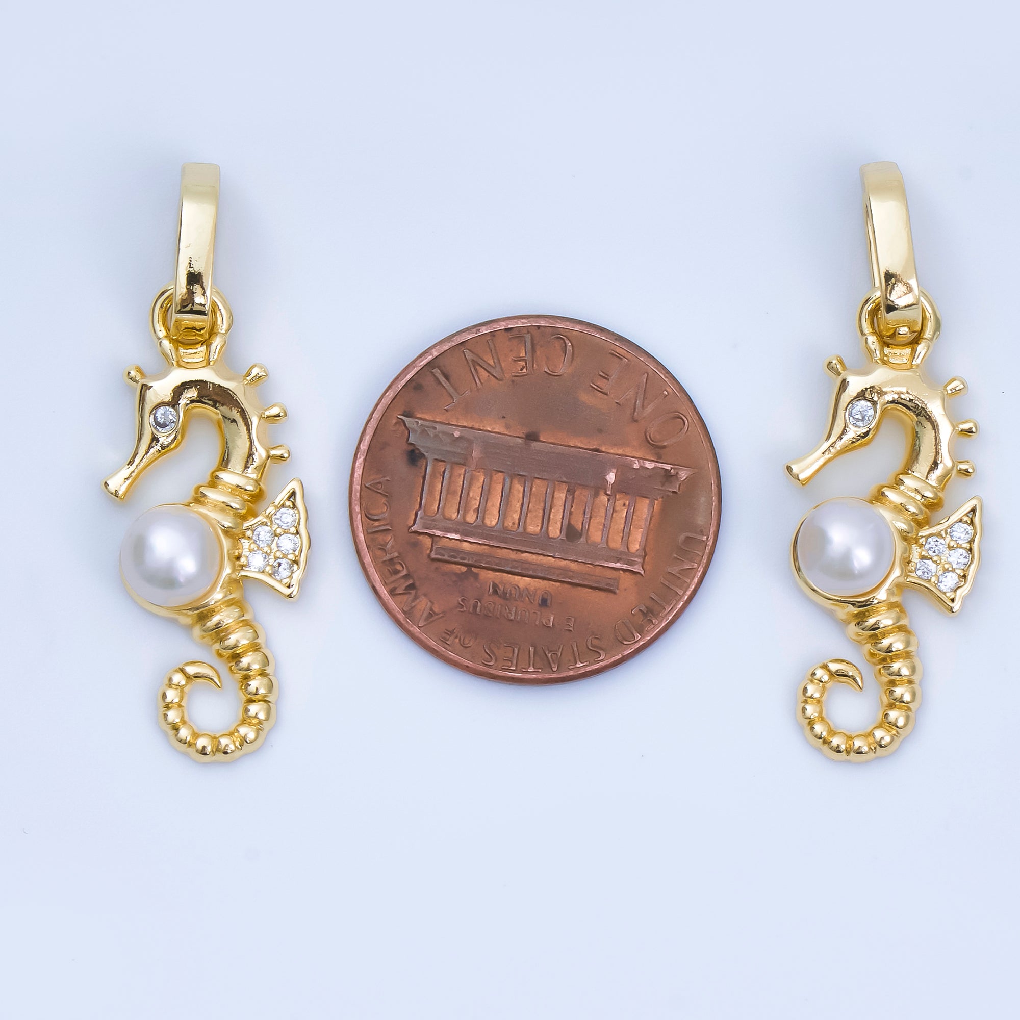 24K Gold Filled 25mm Micro Paved CZ Shell Pearl Luxe Ocean Seahorse Animal Charm | AA-1600