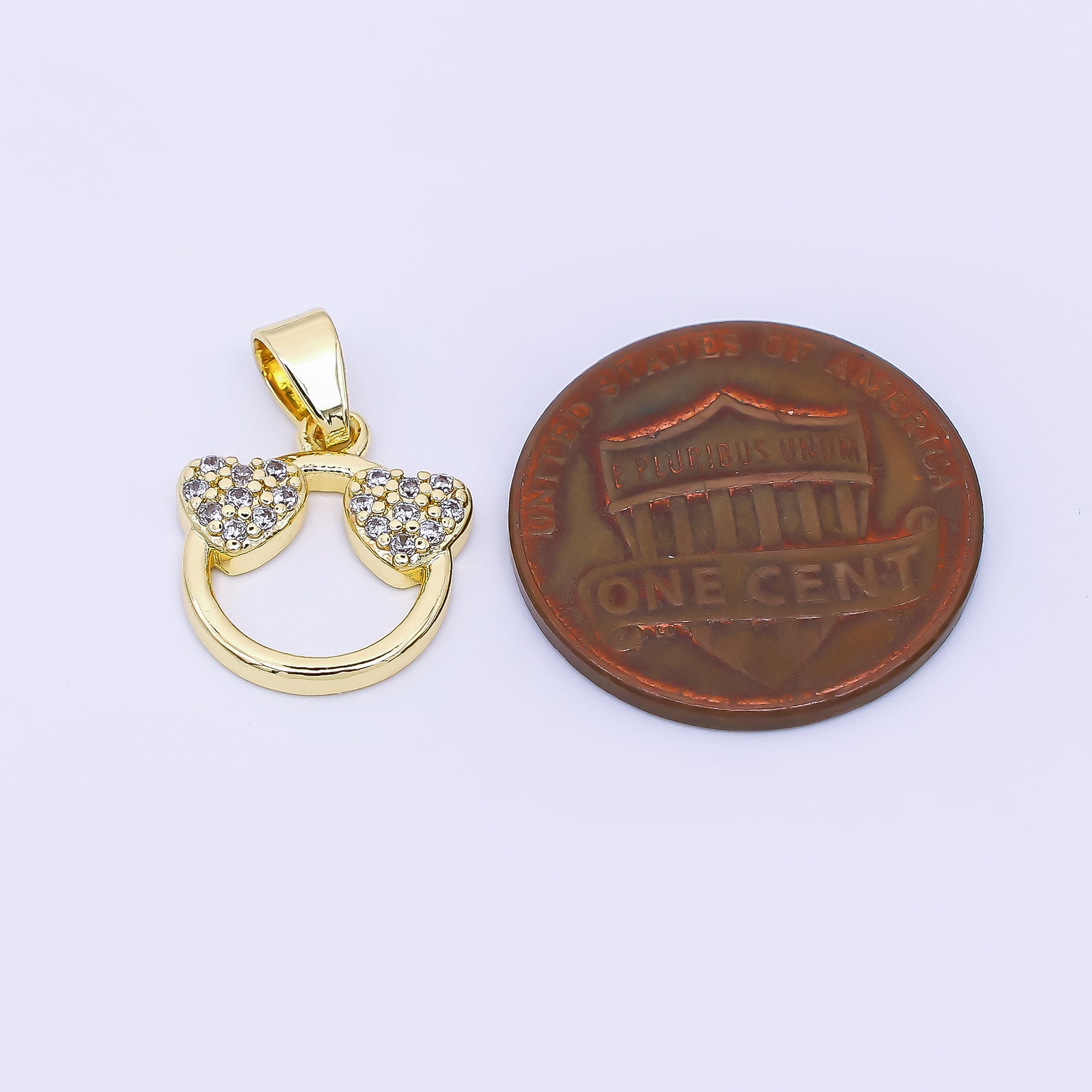 24K Gold Filled 13mm Micro Paved CZ Simple Round Double-Hearts Pendant | AH-534