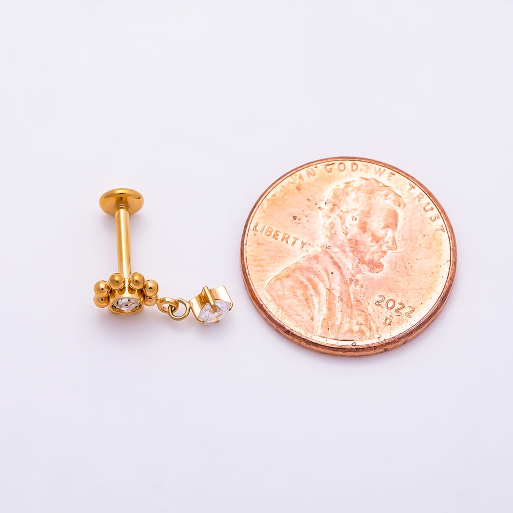 Titanium 12mm Clear CZ Round Bead Flower Drop Cartilage Piercing Flat Back Stud in Gold & Silver | BJ-00275 BJ-00276