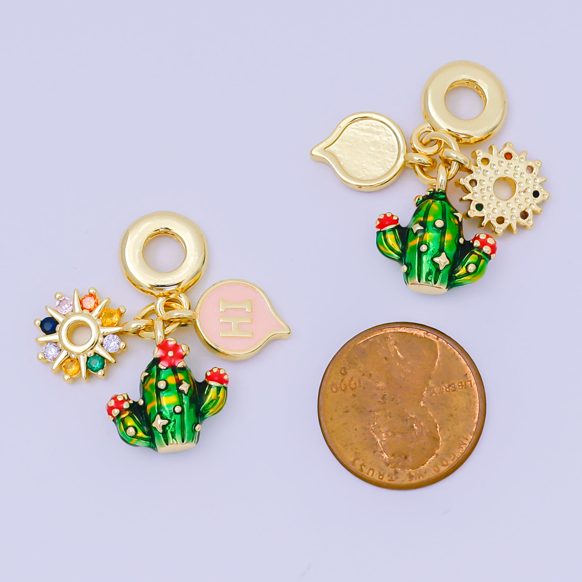 24K Gold Filled 13.5mm Multicolor CZ Enamel Art Desert Theme Charm in Cactus, Sun, & Hi Rhondelle Drop Pendant | M-098