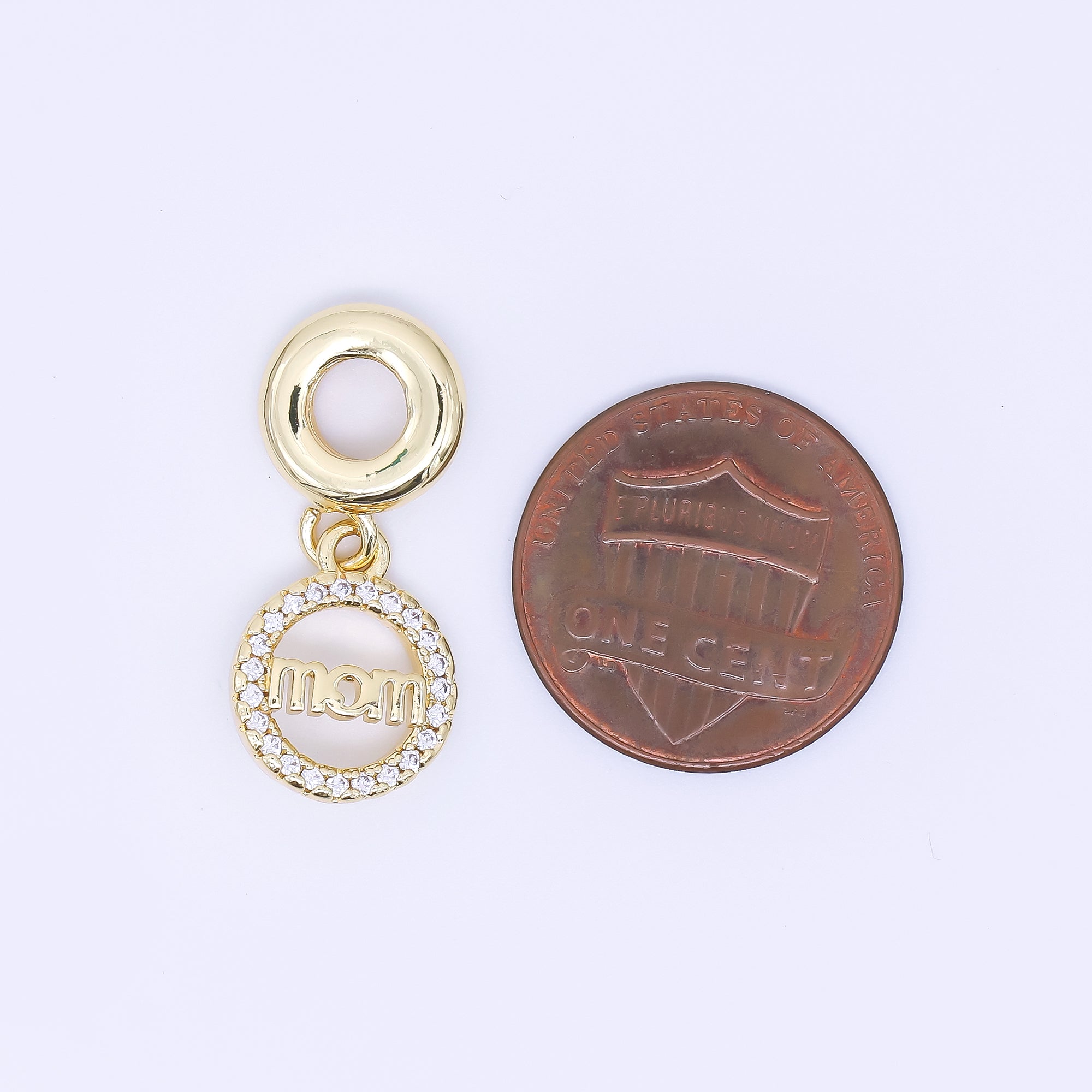 24K Gold Filled "MOM" Script Micro Paved CZ Round Drop Rondelle Charm | AC1631
