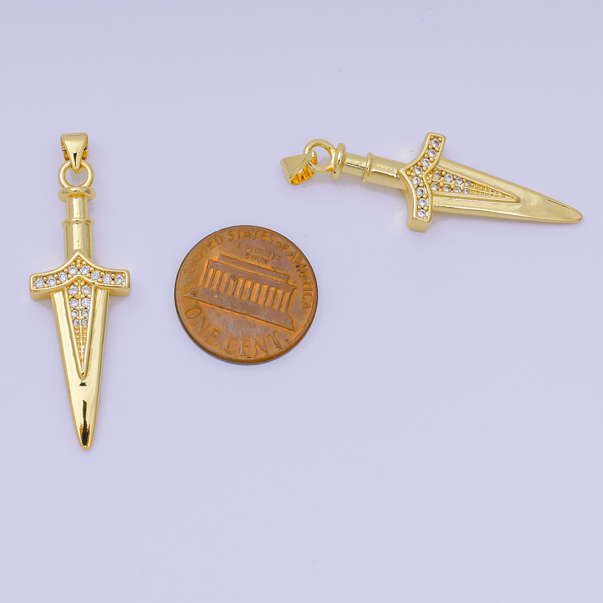 24K Gold Filled 39mm Micro Paved CZ Small Dagger Knife Pendant | AA-1602