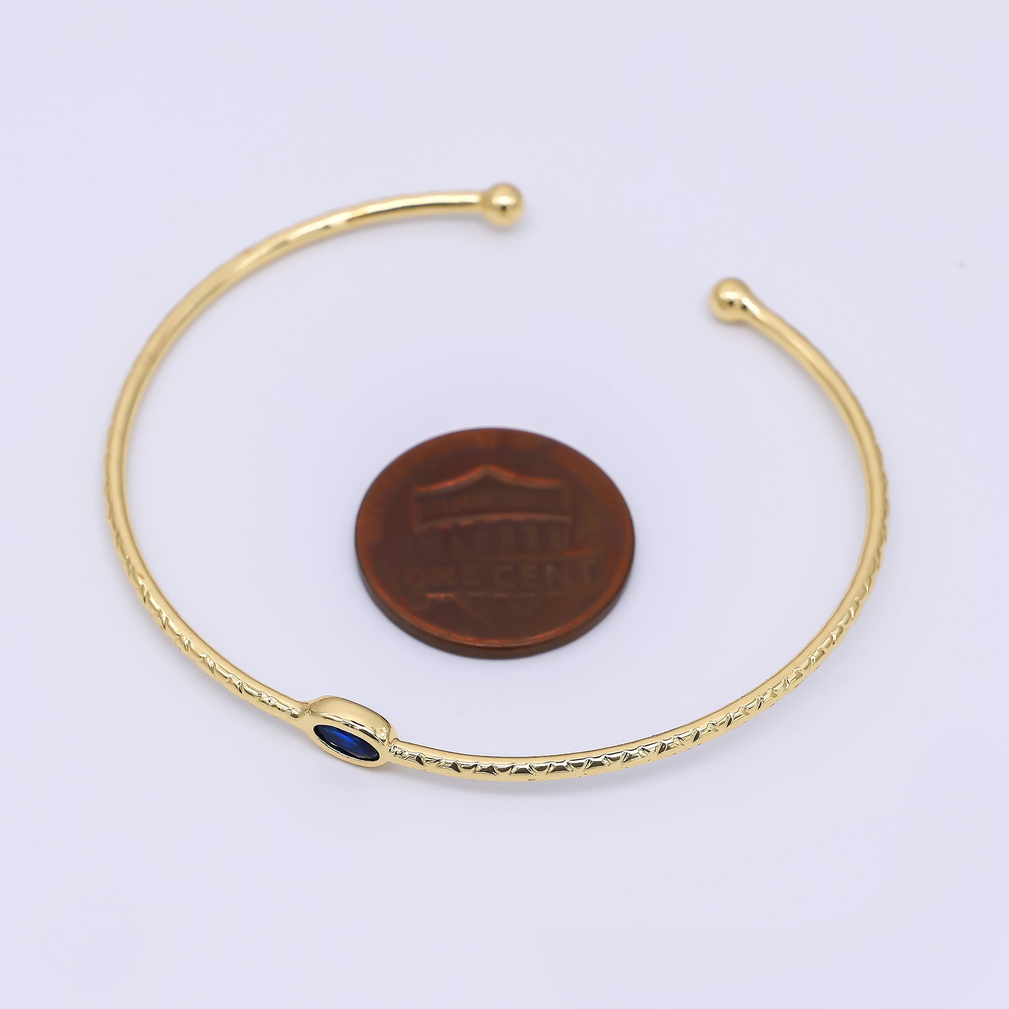 24K Gold Filled Blue CZ Simple Solitaire Cuff Bracelet | WA-3403