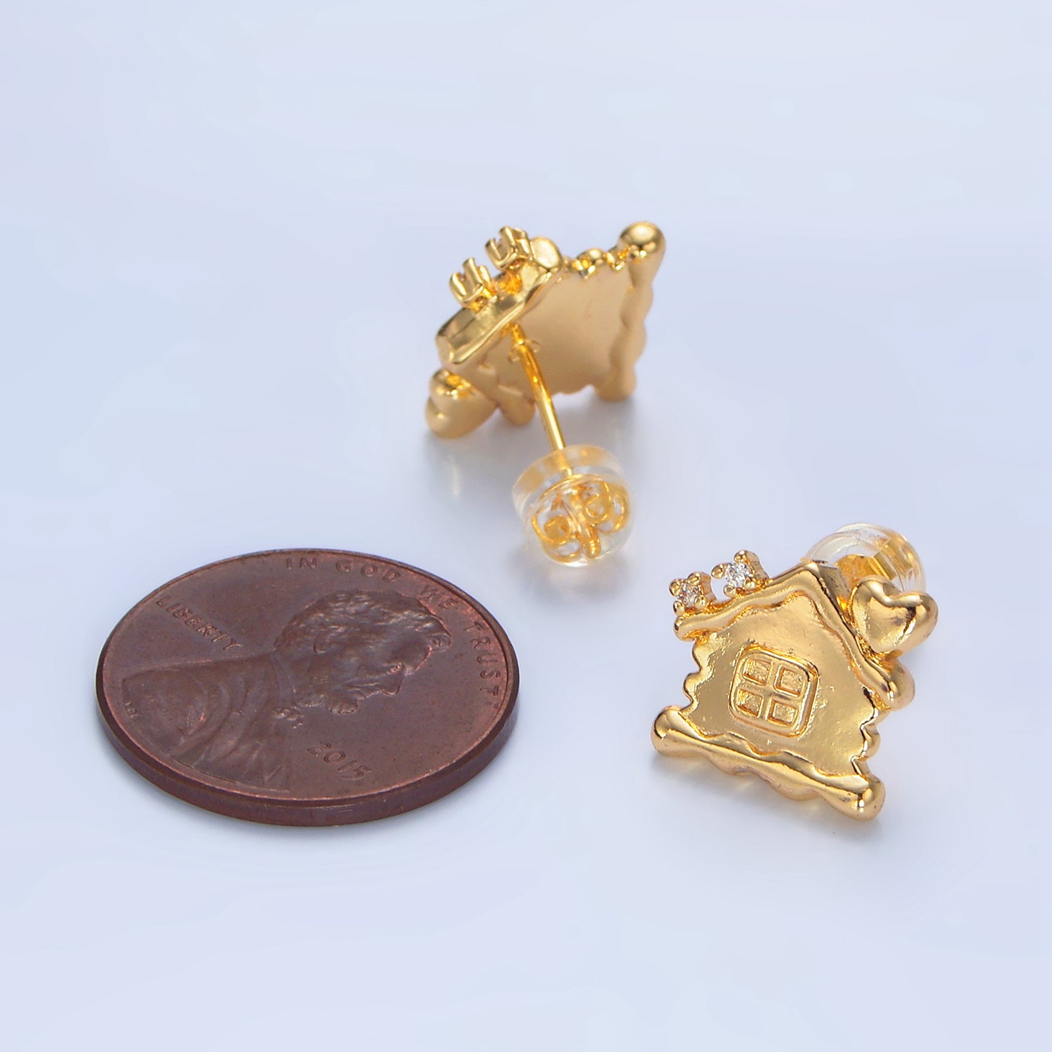 24K Gold Filled CZ Molten Dough House Heart Stud Earrings | P003