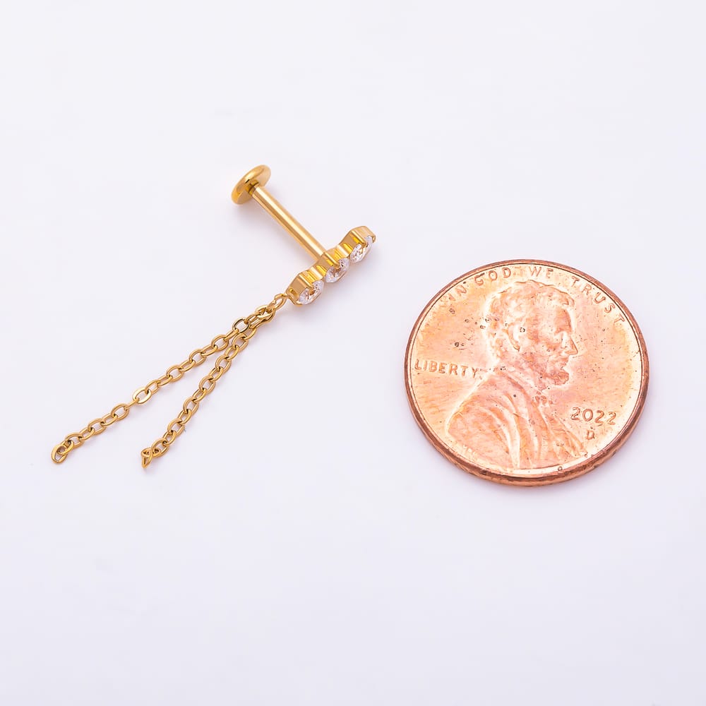 Titanium 32mm Clear CZ Round Triple Double Cable Chain Drop Cartilage Piercing Flat Back Stud | BJ-00281