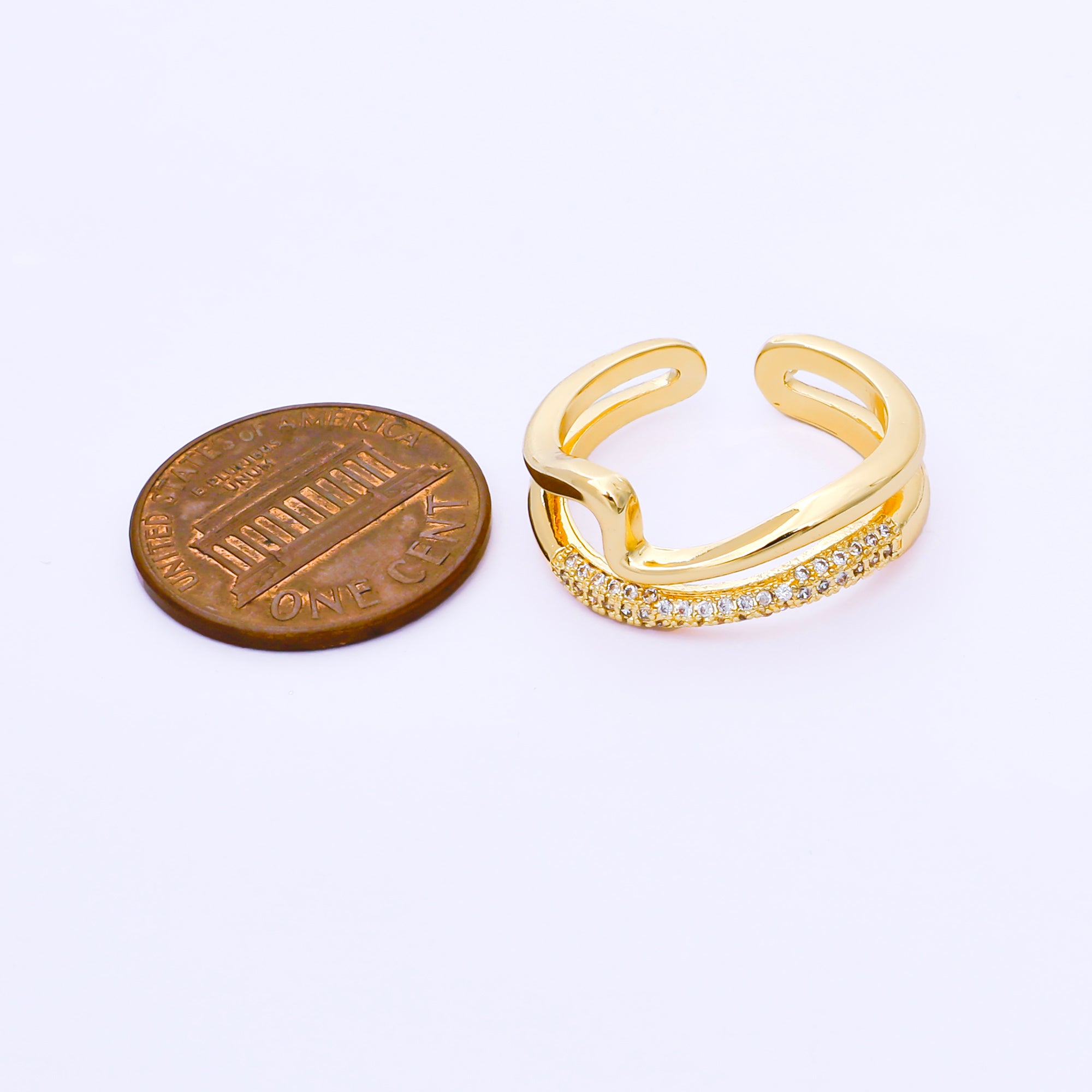 24K Gold Filled Micro Paved CZ Irregular Double Bands Adjustable Open Ring | O2300