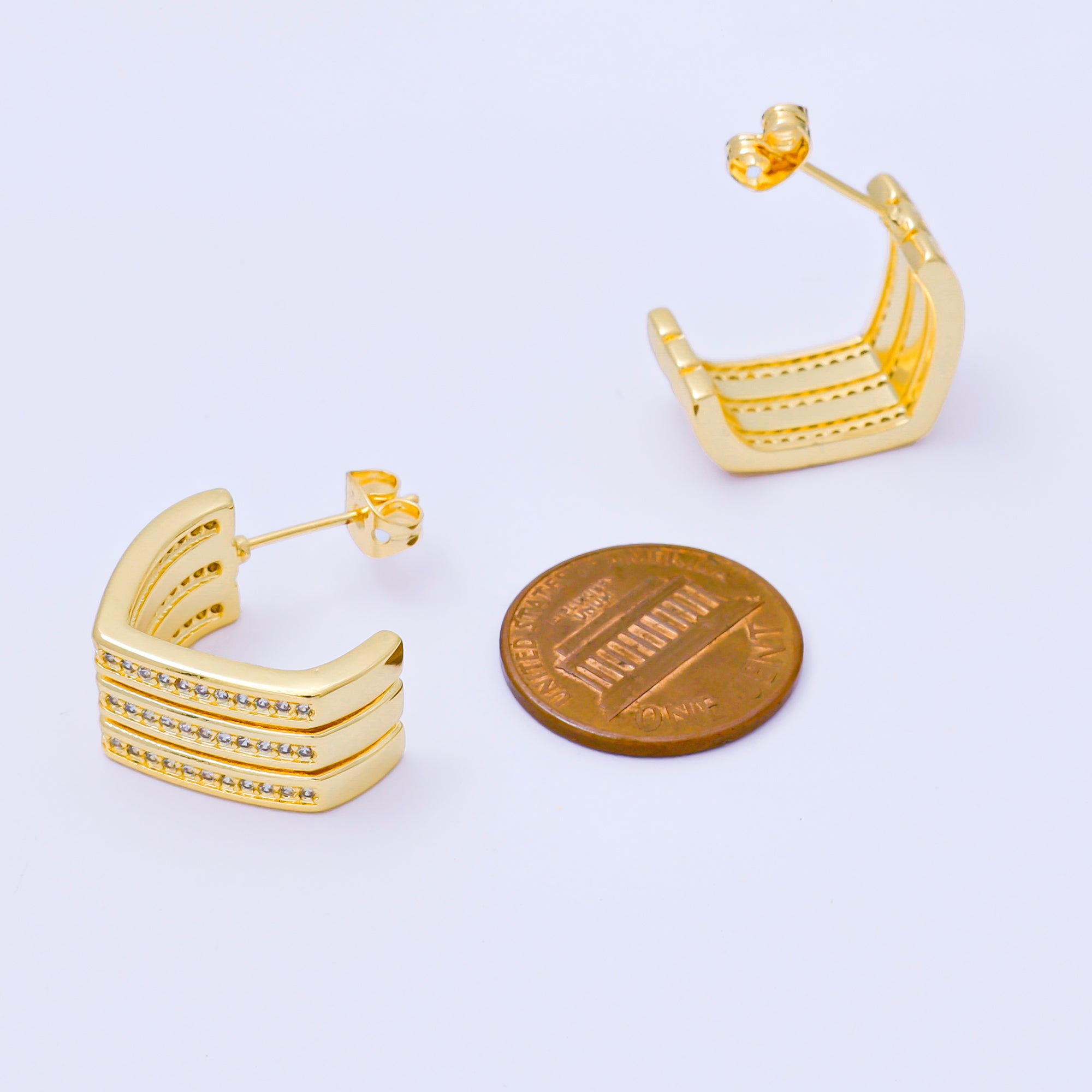 24K Gold Filled Triple Layered Micro Paved CZ Sharp Textures C-Hoops Earrings | AB1562