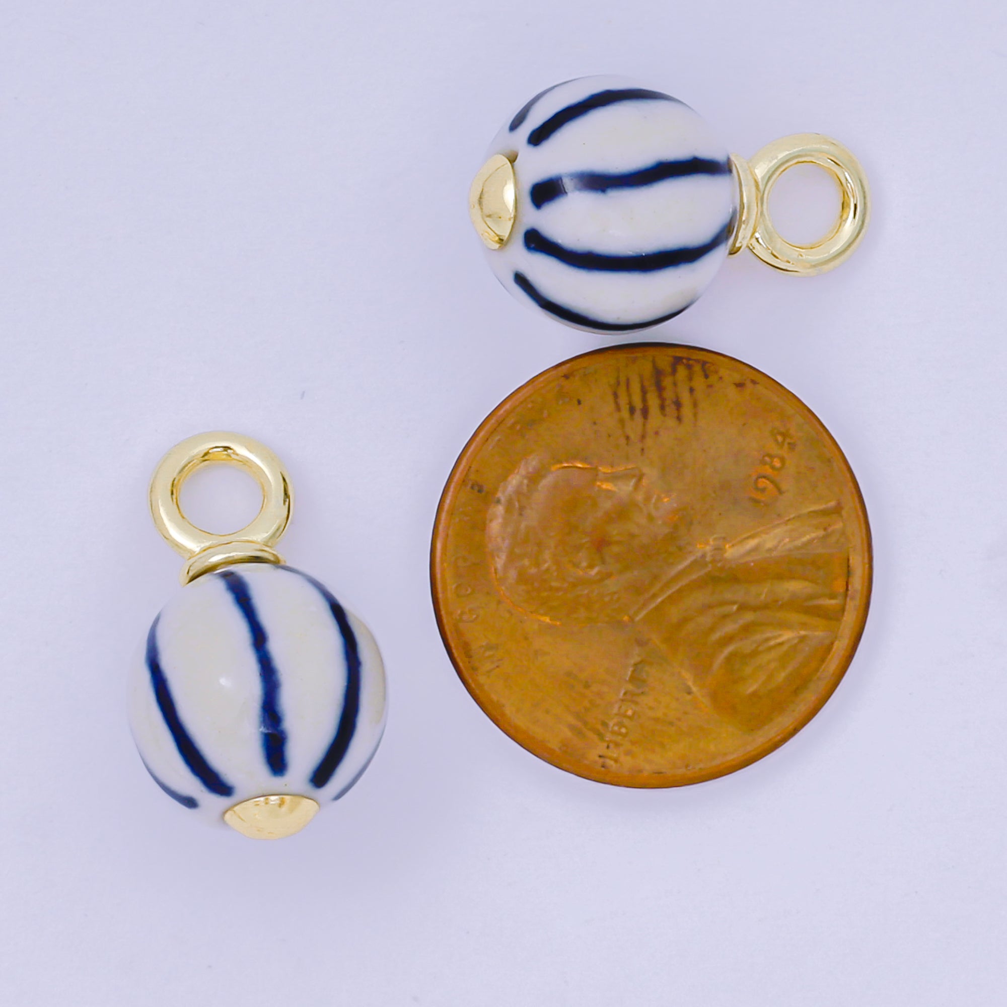 24K Gold Filled Blue-White Stripes Porcelain Ceramic Oblong Drop Charm | AF1279