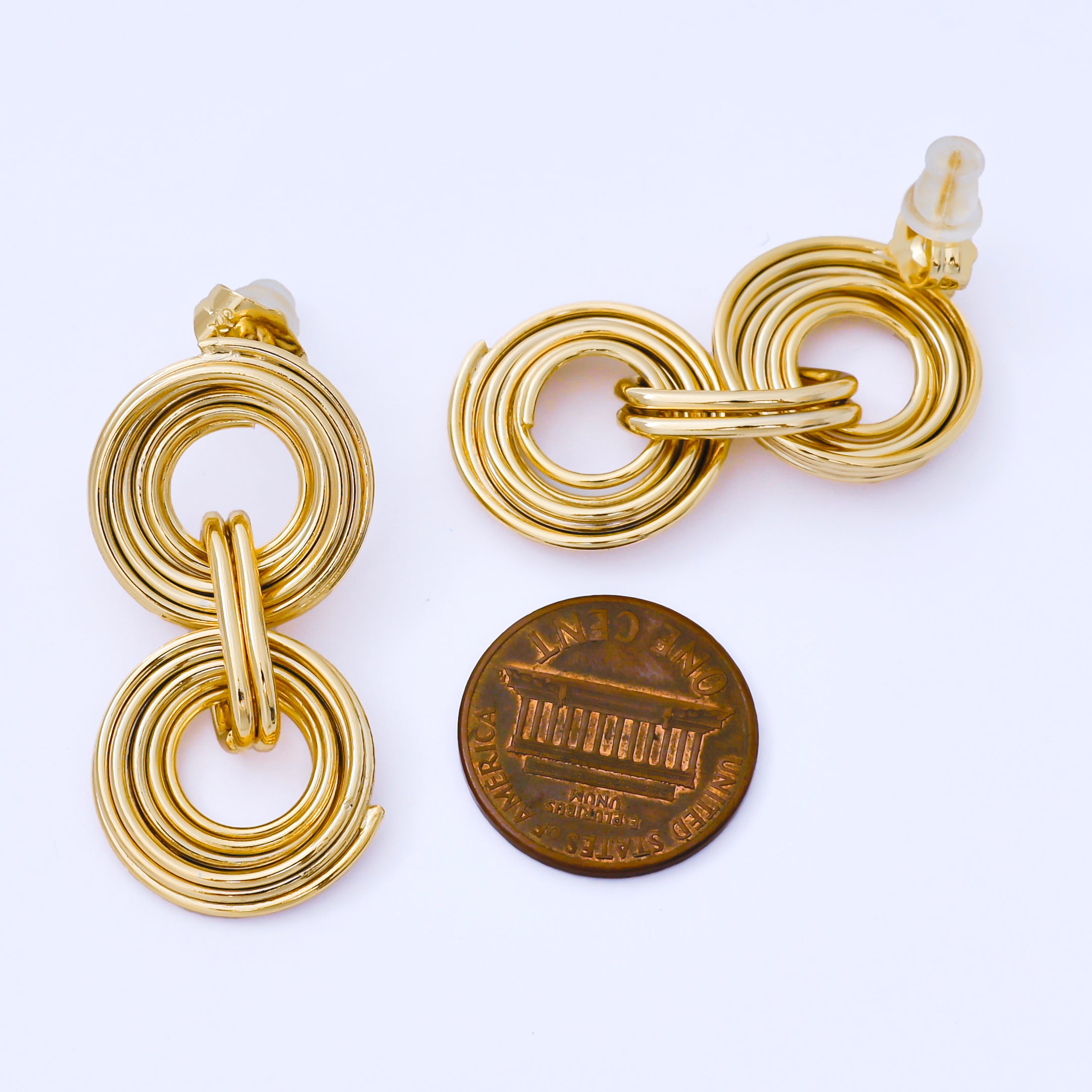 24K Gold Filled Double Multiple Linear Band Round Geometric Drop Stud Earrings | AB1641