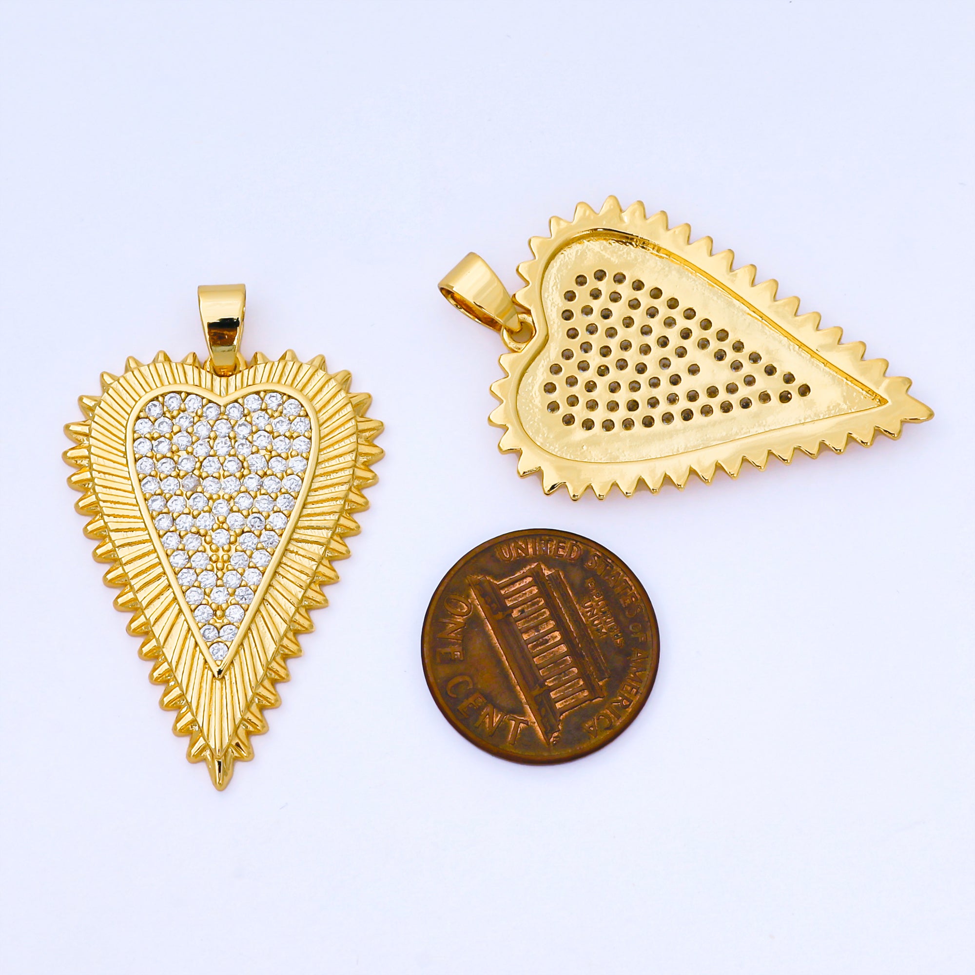 24K Gold Filled 36mm Micro Paved CZ Ribbed Teeth Outline Heart Pendant | AA1662