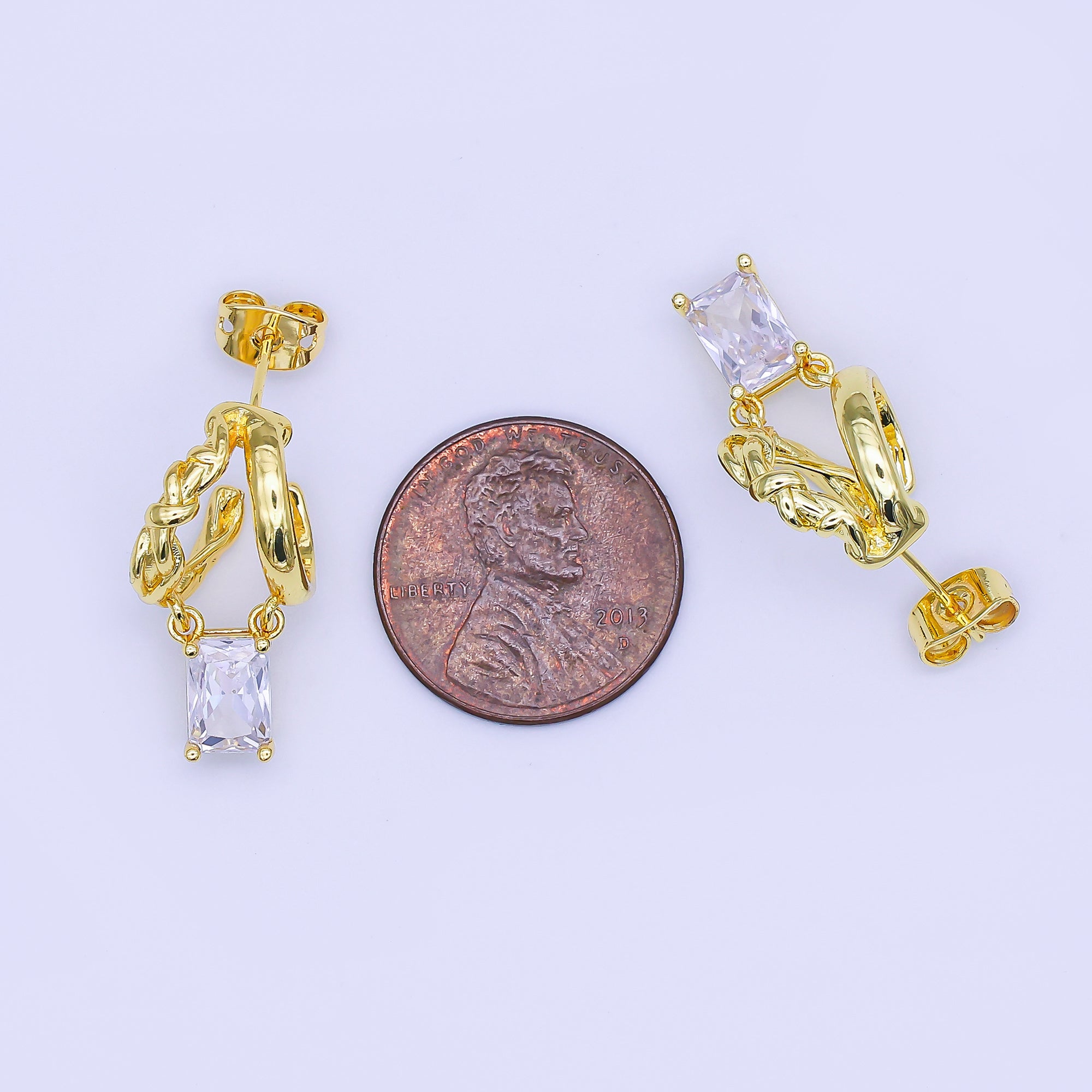24K Gold Filled Baguette CZ Knot Double Band C-Shaped Hoop Earrings | AI517