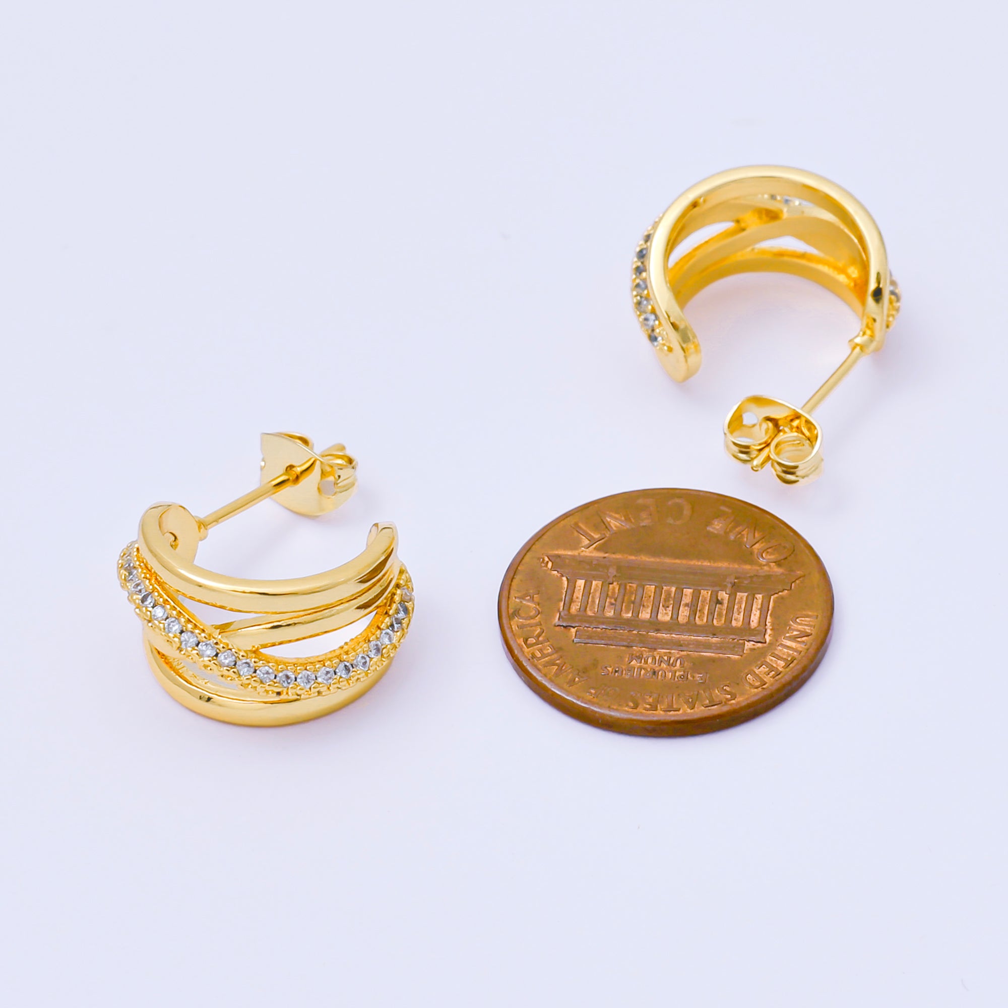 24K Gold Filled Micro Paved CZ Linear Textures C-Hoops Earrings | AB1564