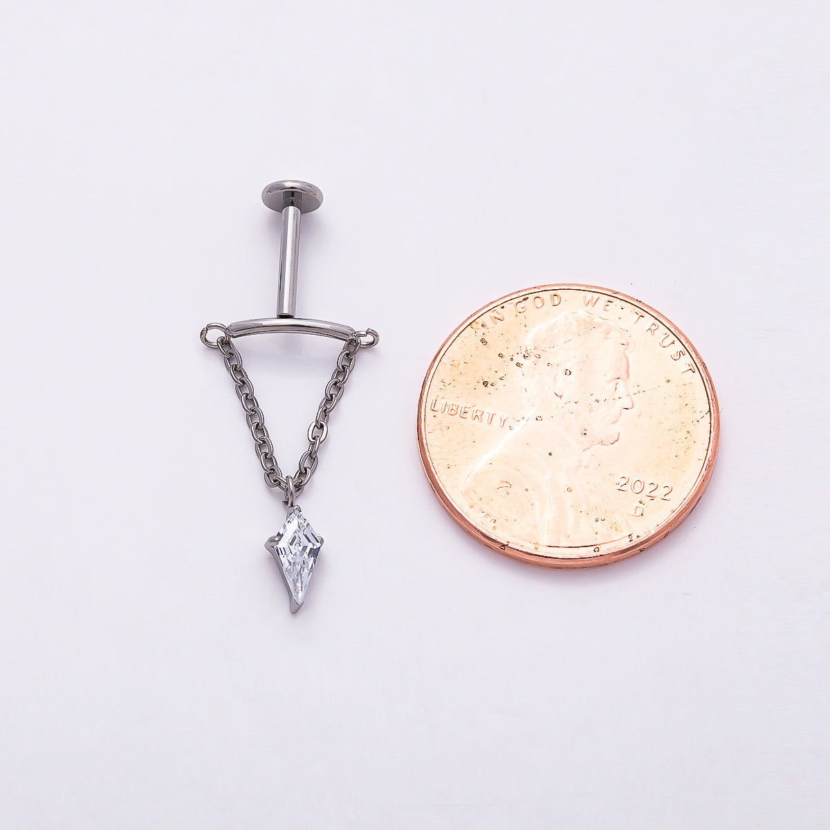 Titanium 20mm Clear CZ Kite Curved Chain Drop Cartilage Piercing Flat Back Stud in Gold & Silver | Findings-00329 Findings-00330