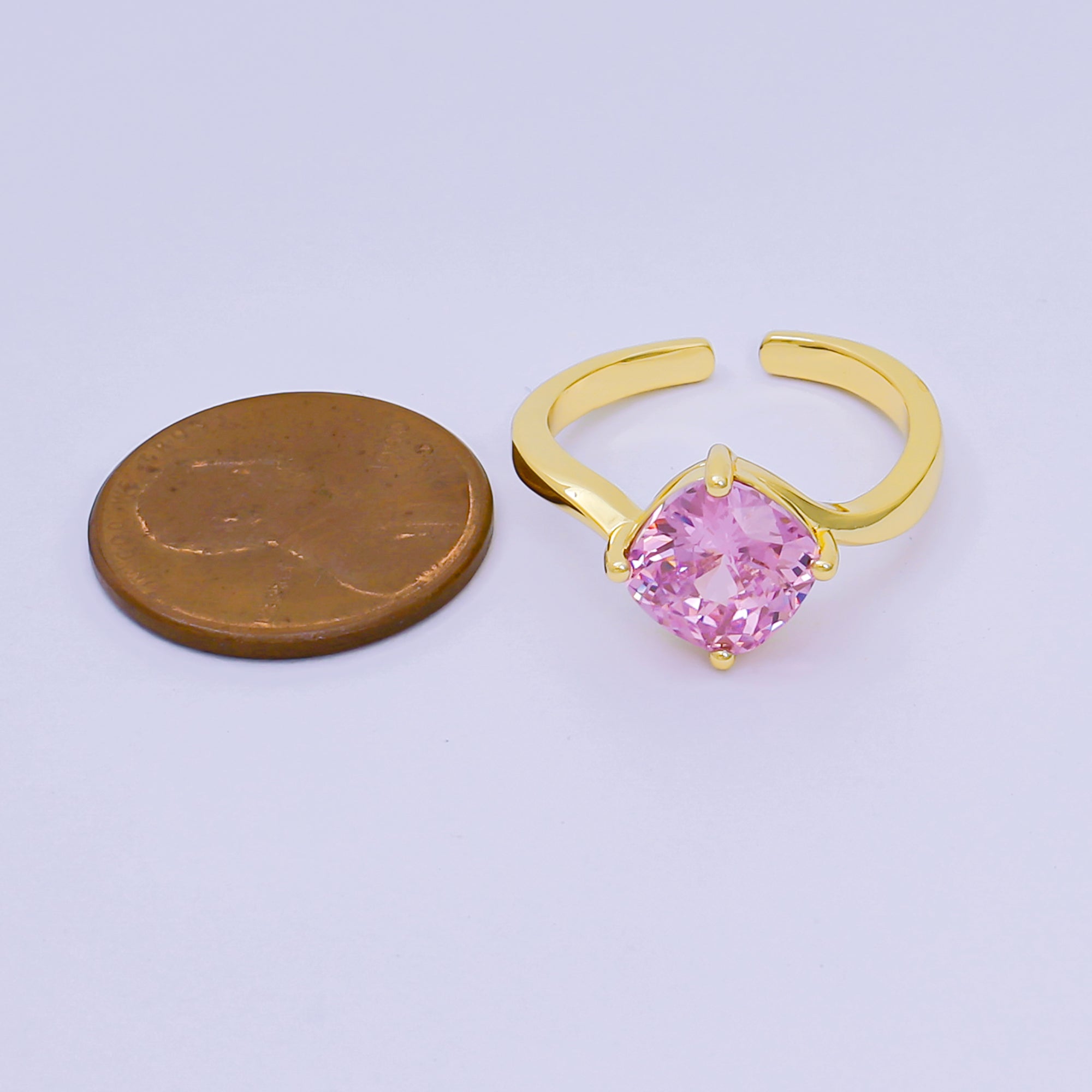 24K Gold Filled Cushion-Cut Multicolor CZ Curvy Square Solitaire Adjustable Ring in Blue, Yellow, & Red | O-119 O-121 O-127 O-134, O-136 - O-140, O-143 - O-145, O-147 O-148