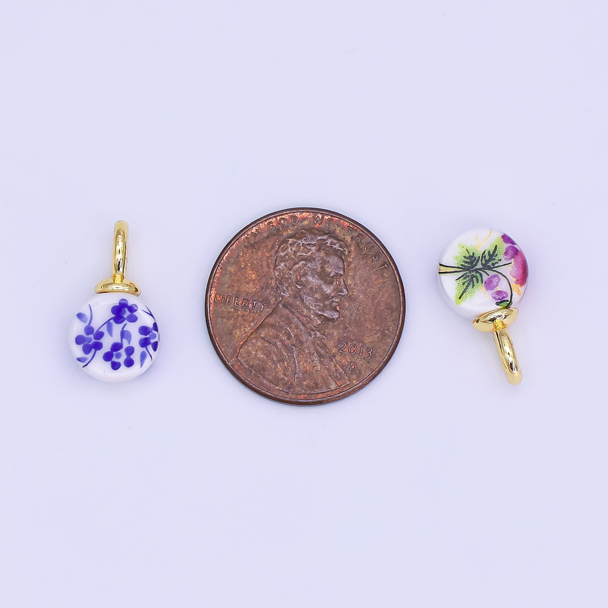 24K Gold Filled Blue, Red Flower Round Ceramic Drop Pendant | N131 N133