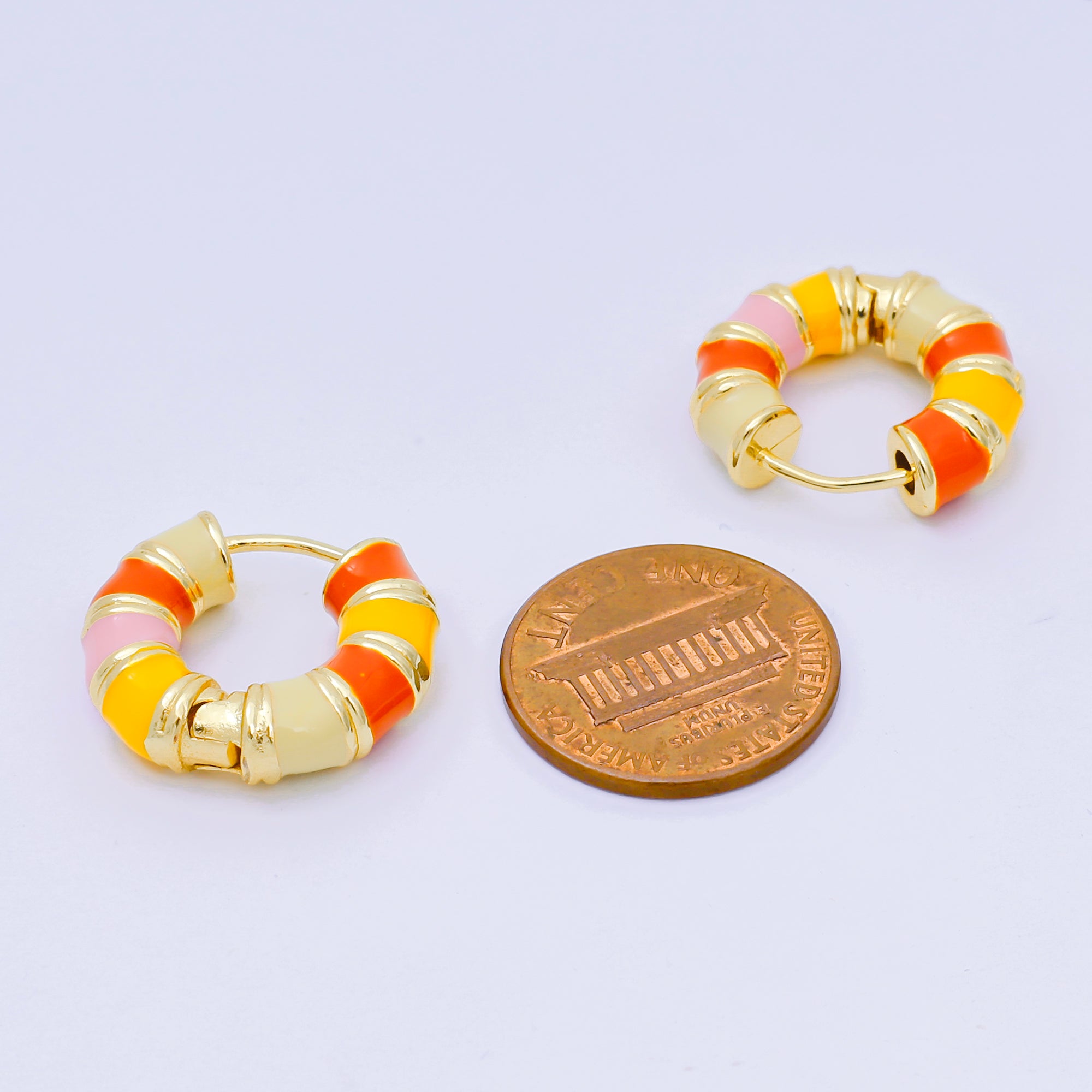 24K Gold Filled Enamel Art Candy Stripes Hinged Hoops Earrings | AJ-094 AJ-095