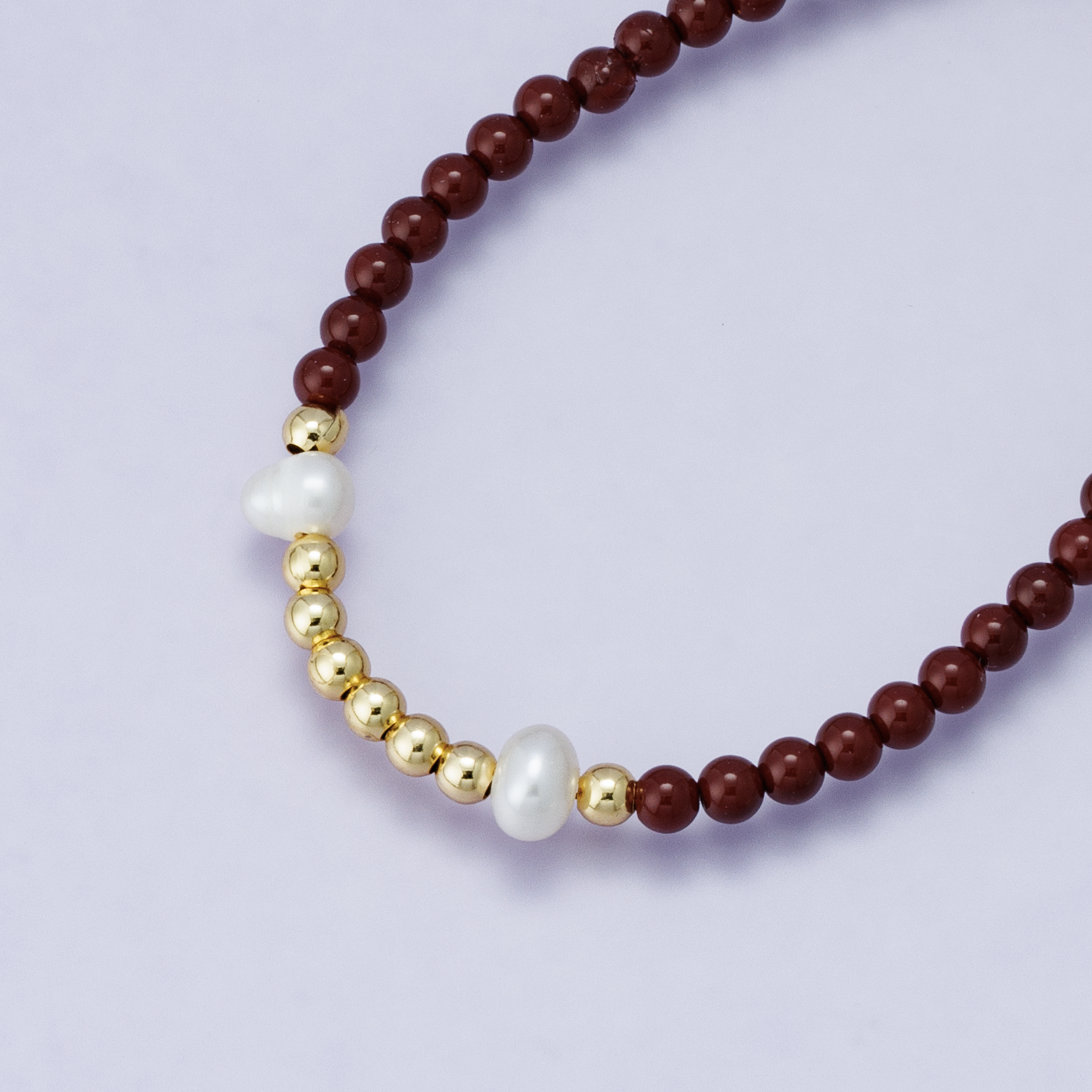24K Gold Filled Shell Pearl Carnelian Ball Gemstone Paperclip Chain Half 16.5 Inch Necklace | WA-04209