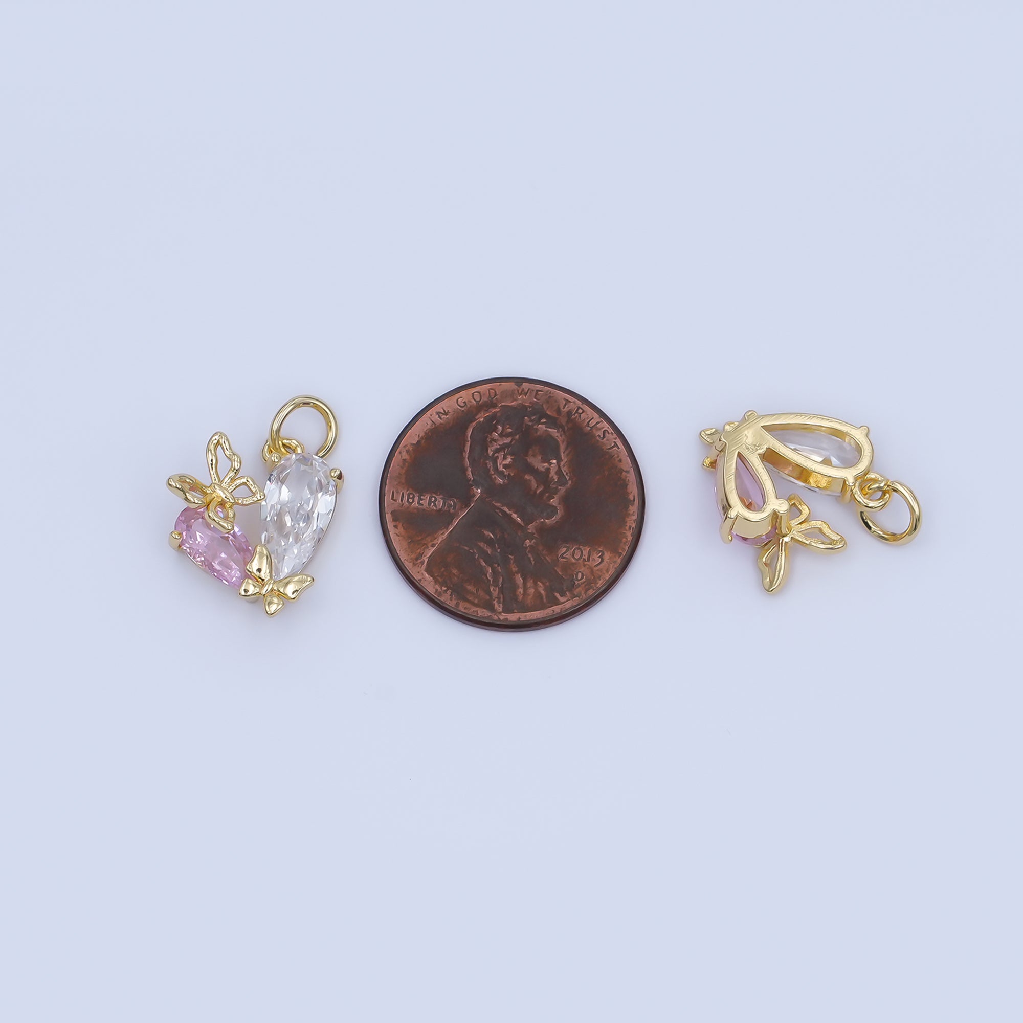 24K Gold Filled Pink Clear CZ Butterfly Heart Charm | C806