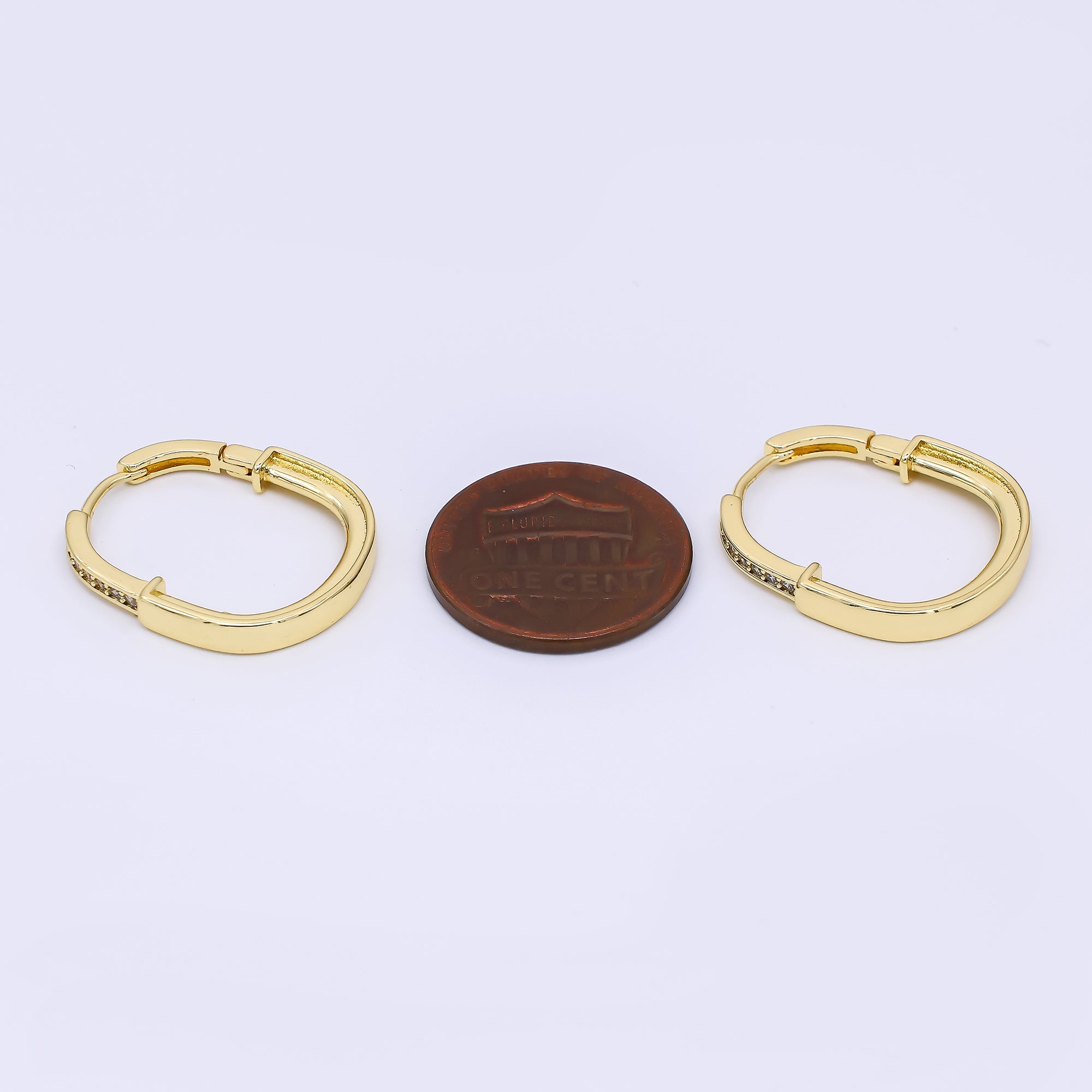24K Gold Filled Micro Paved CZ Oblong Oval Hinged Hoops Earrings | AJ-054