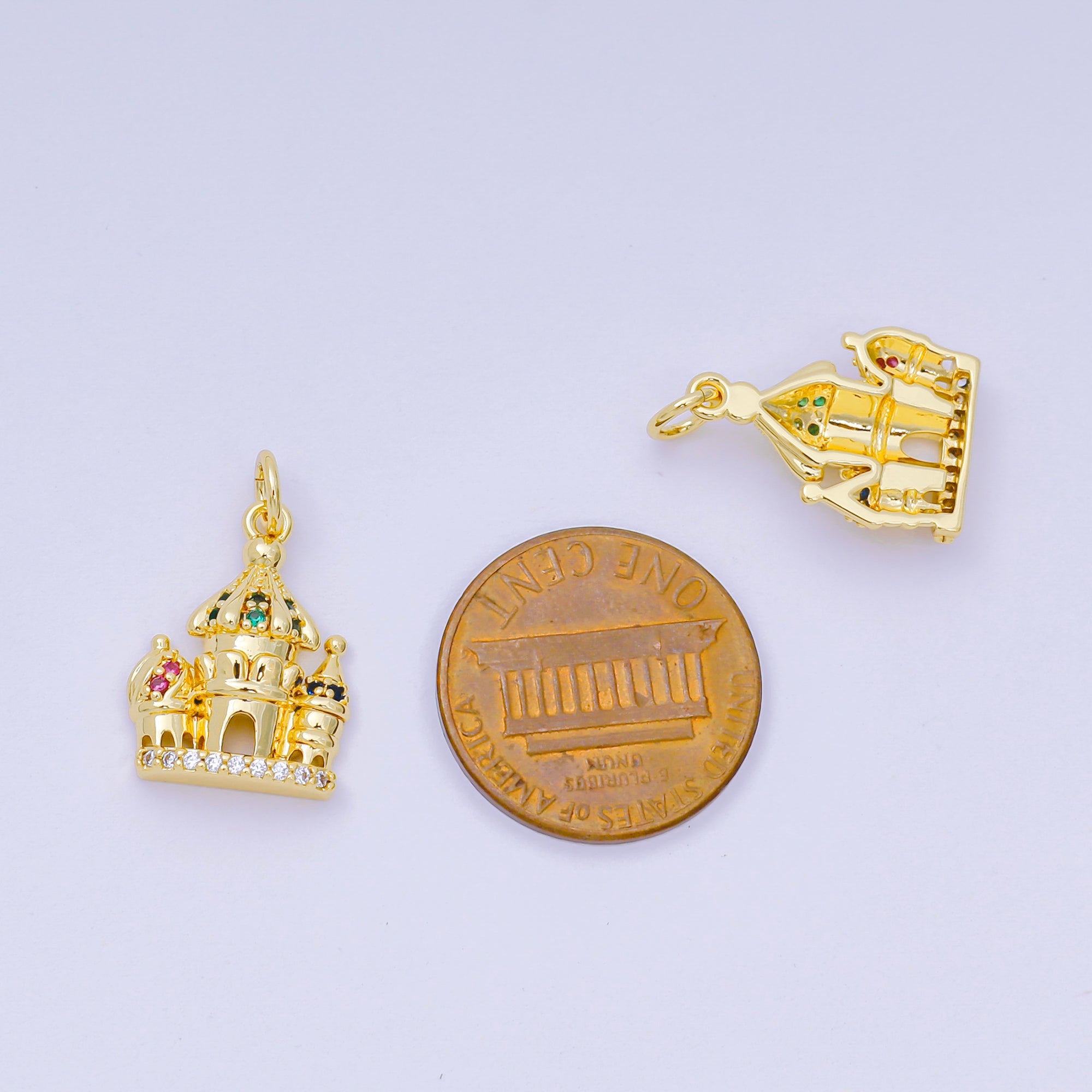 24K Gold Filled 17mm Pink, Green, & Blue CZ Luxe Dreamy Castle Charm | AH-680