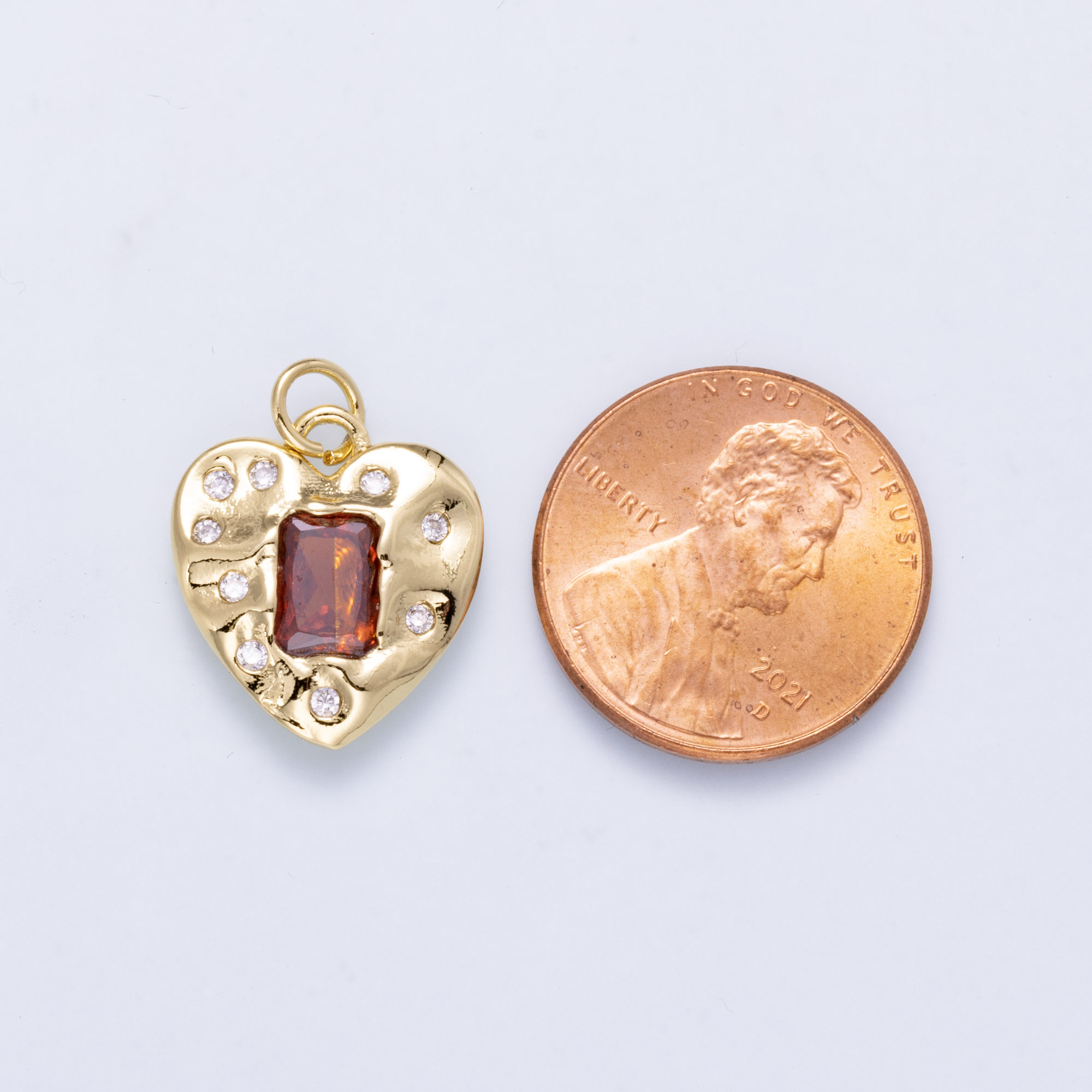 16K Gold Filled 16.5mm Red Baguette CZ Dotted Hammered Heart Charm | Charms-01268