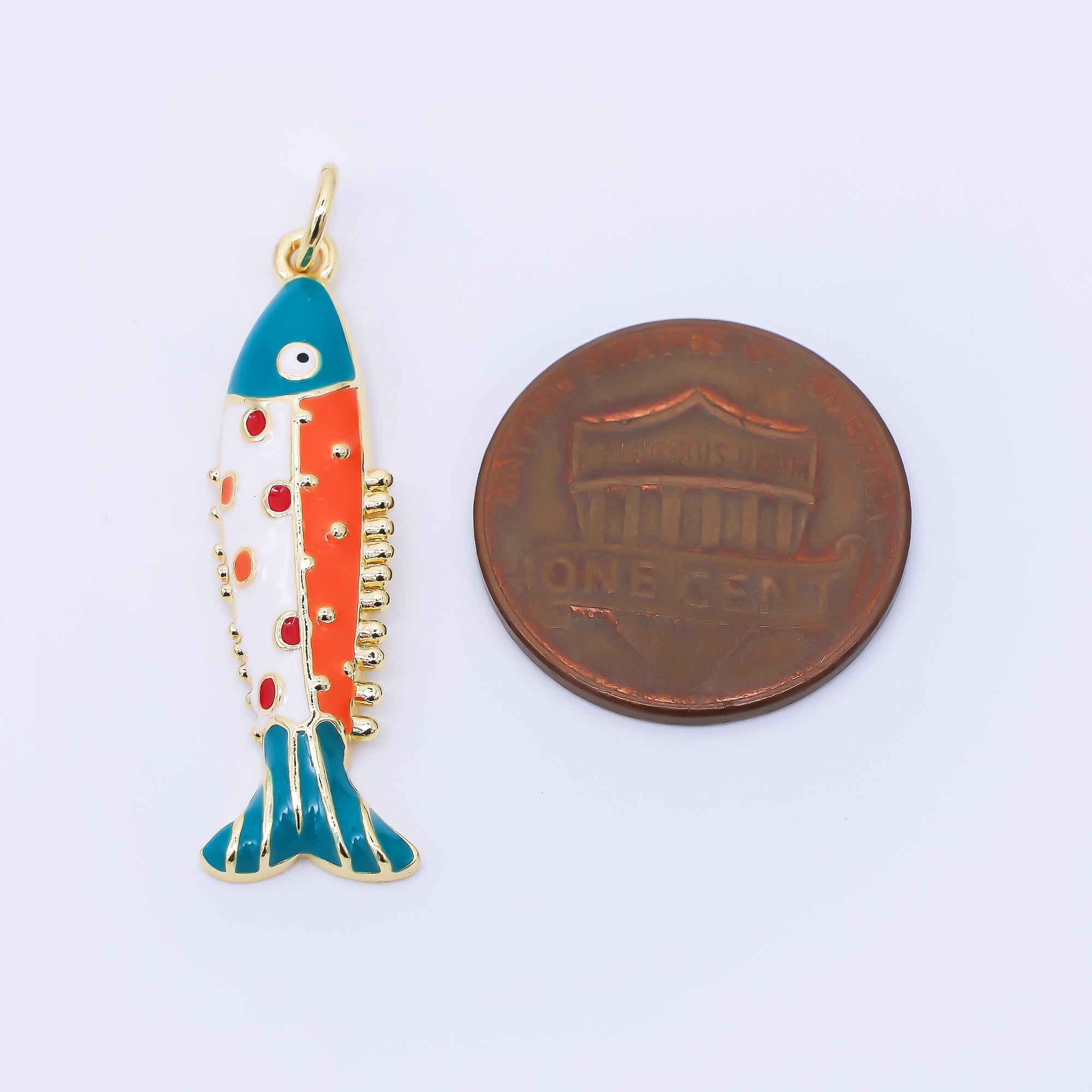 24K Gold Filled 30mm Hand-Painted Blue, Orange Enamel Sea Creature Sardine Fish Charm | AF1306